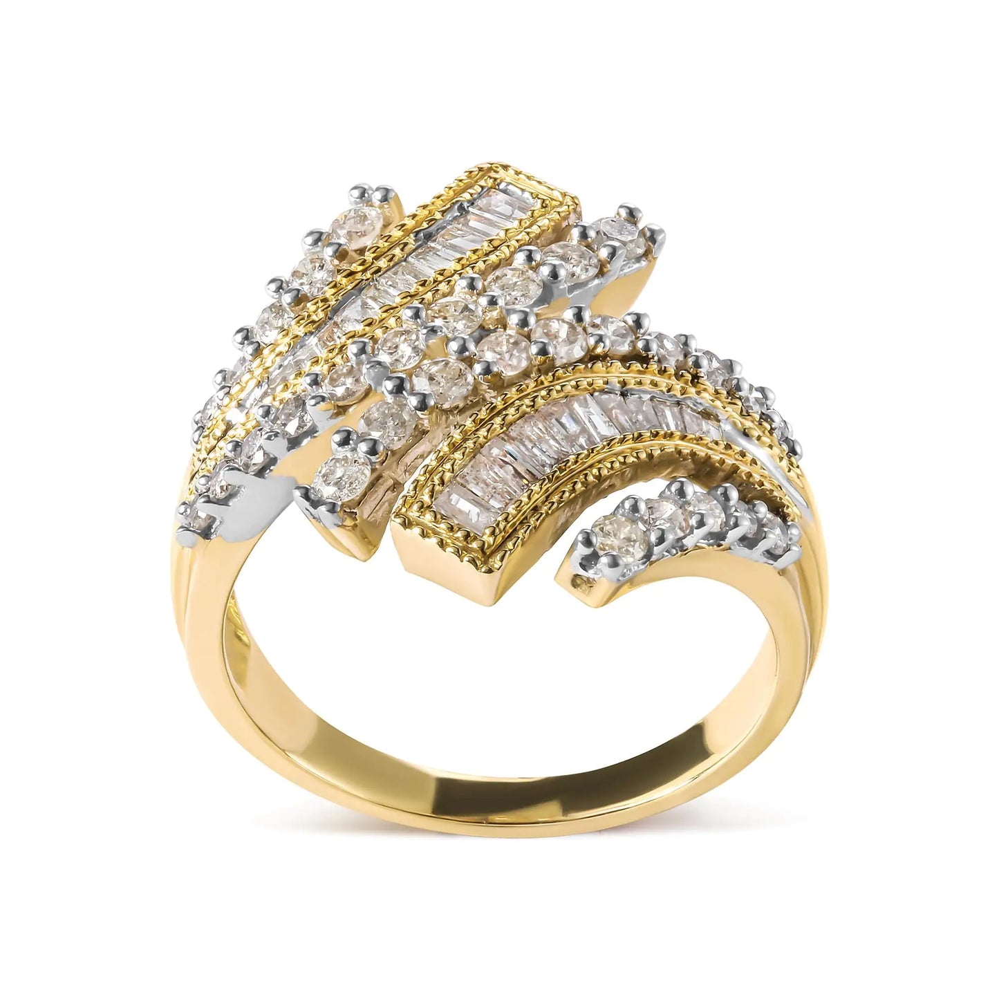 10K Yellow Gold 1.0 Cttw Round and Baguette Diamond Woven Bypass Ring