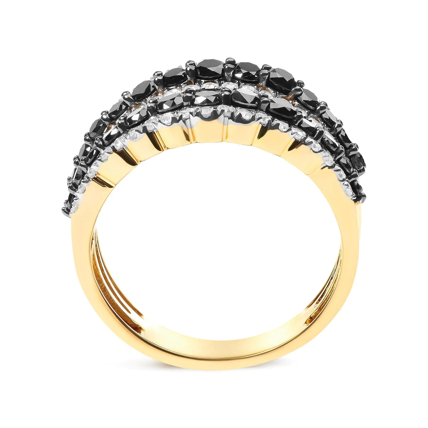 14K Yellow Gold Plated .925 Sterling Silver 1 3/4 Cttw Treated Black and White Alternating Diamond Multi Row Band Ring (Black)