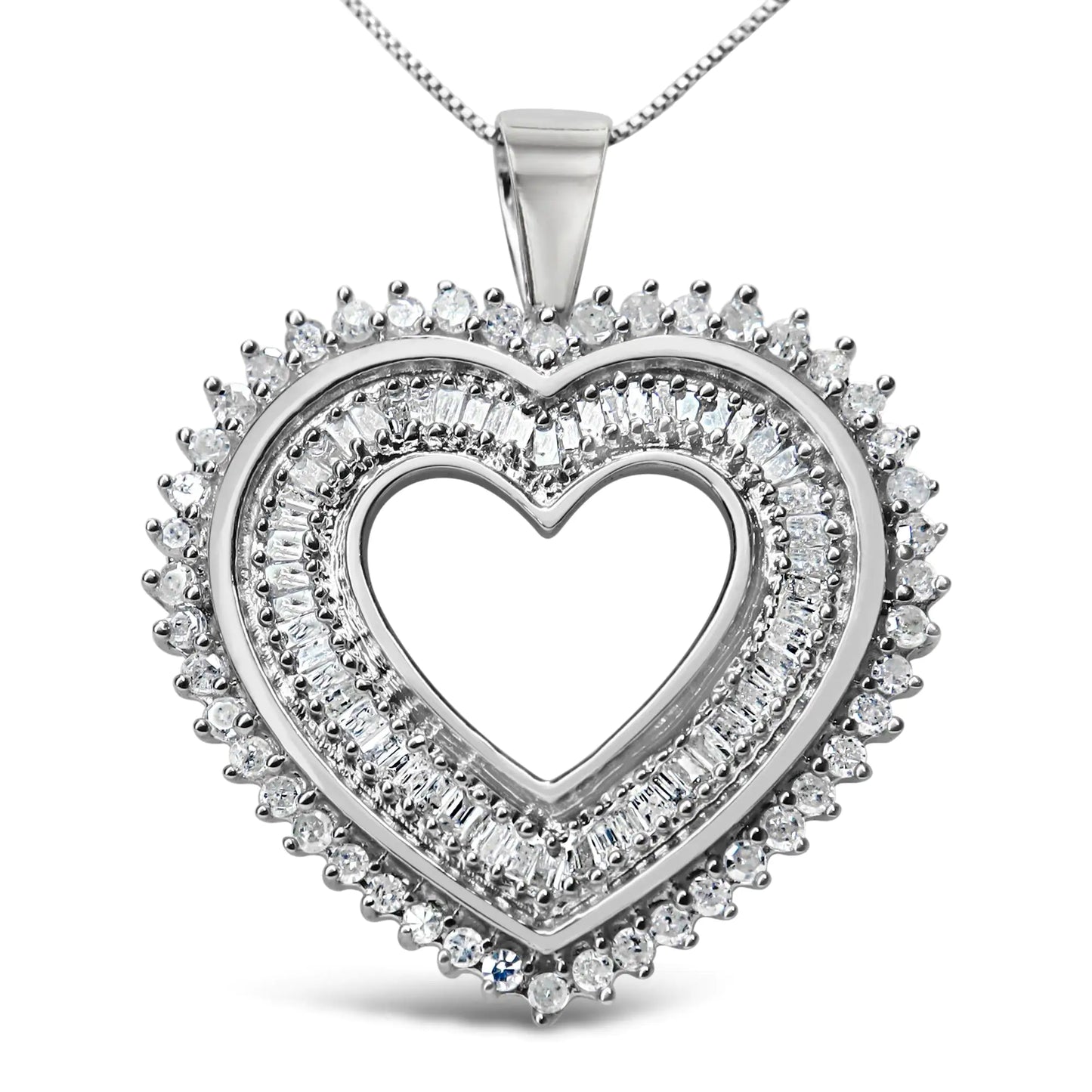 .925 Sterling Silver 1.0 Cttw Baguette and Round Diamond  Heart Pendant 18" Necklace