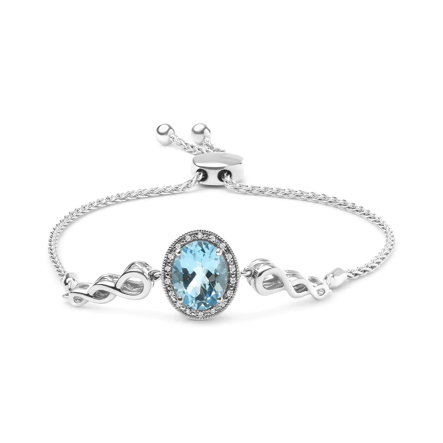 .925 Sterling Silver 10x8mm Oval Blue Topaz and Diamond Accent Lariat 4”-10” Adjustable Bolo Bracelet