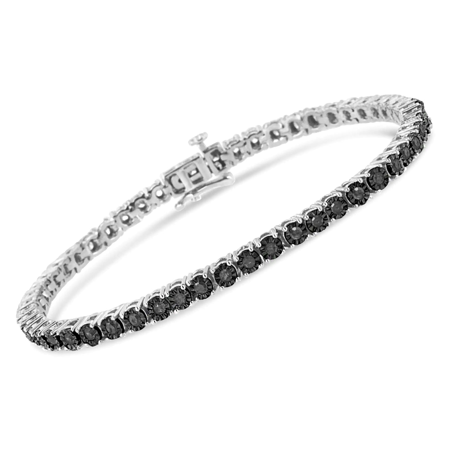 .925 Sterling Silver 1.0 Cttw Miracle-Set Treated Black Diamond Round Miracle Plate Tennis Bracelet (Black) - 7.25"