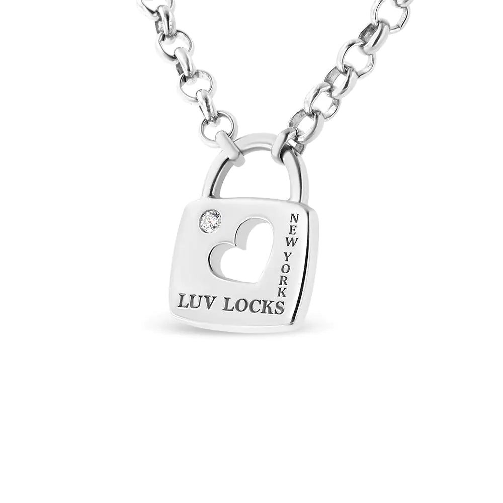 .925 Sterling Silver Diamond Accent Open Heart Love Lock Pendant 18" Necklace