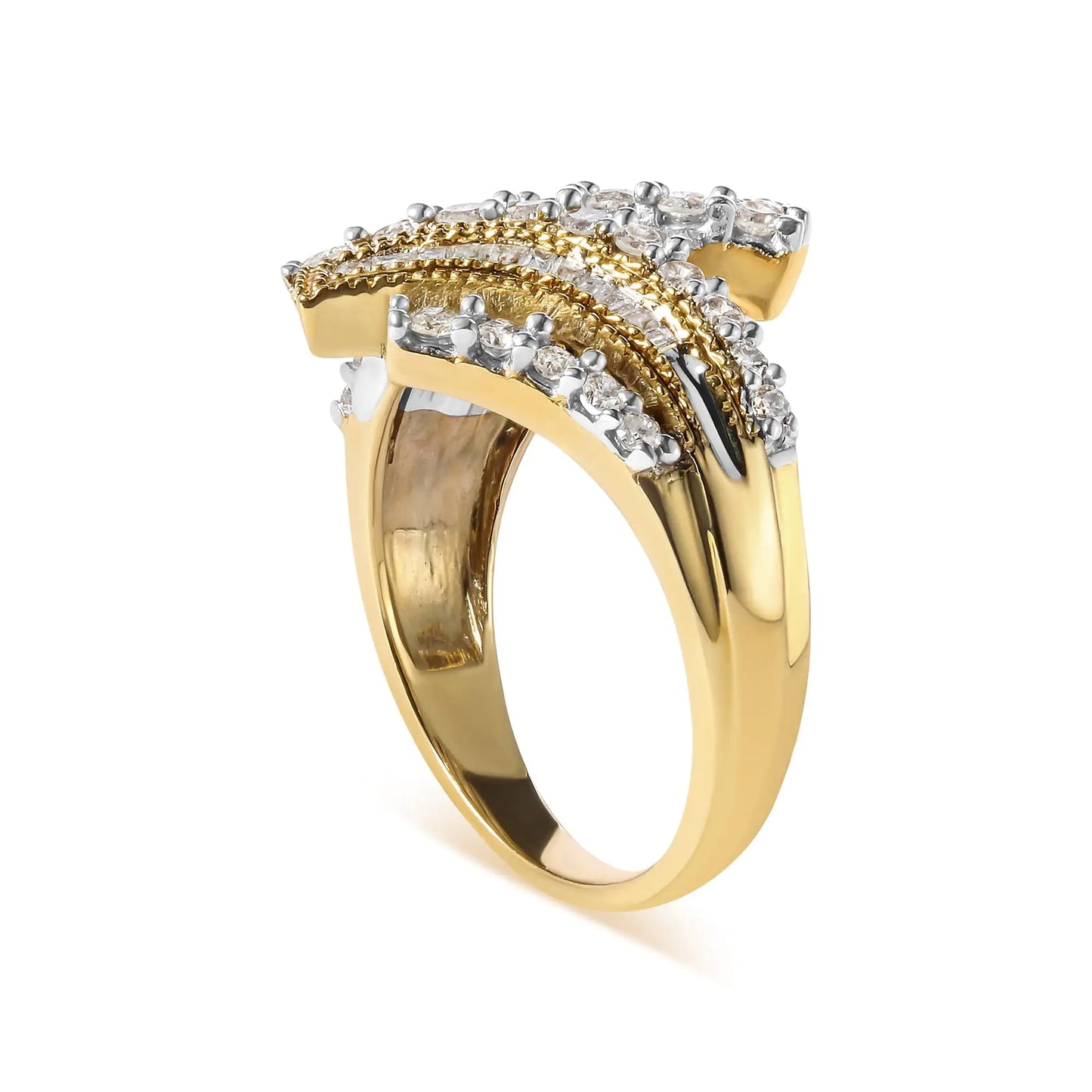 10K Yellow Gold 1.0 Cttw Round and Baguette Diamond Woven Bypass Ring