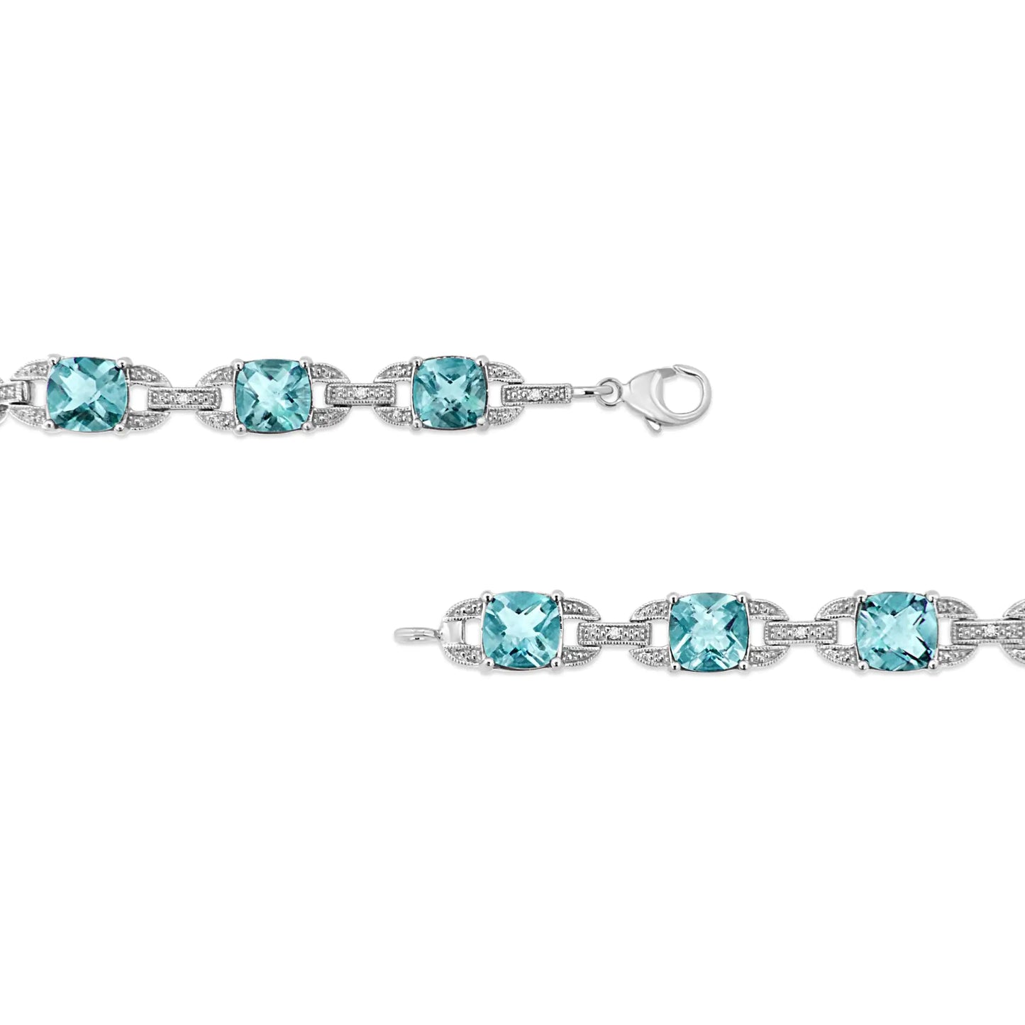 .925 Sterling Silver 7x7 mm Cushion Cut Blue Topaz and 1/20 cttw Round Cut Diamond Fashion Tennis Bracelet - 7"