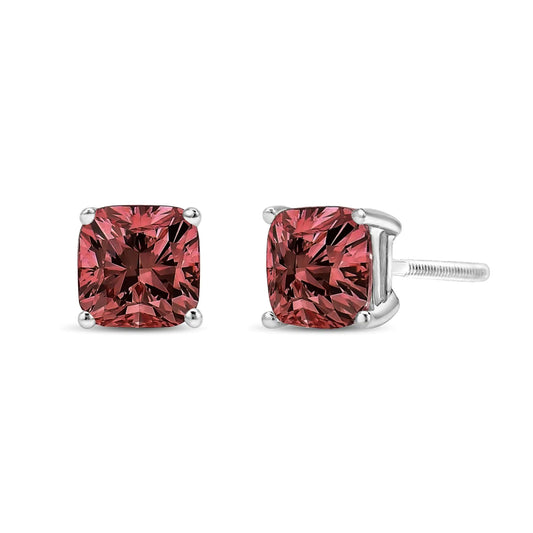 14K White Gold Lab Grown Pink Cushion 4-Prong Set Classic Diamond Solitaire Stud Earrings (Pink Color)