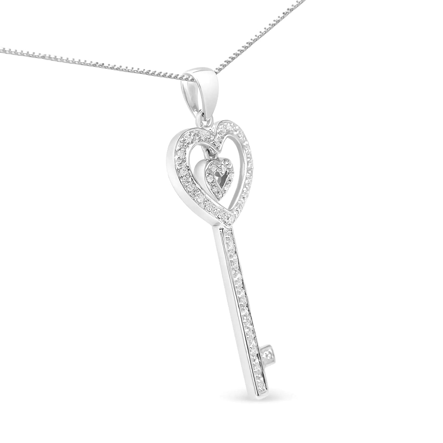 .925 Sterling Silver 1/5 Cttw Round-Cut Diamond Double Heart & Key 18" Pendant Necklace