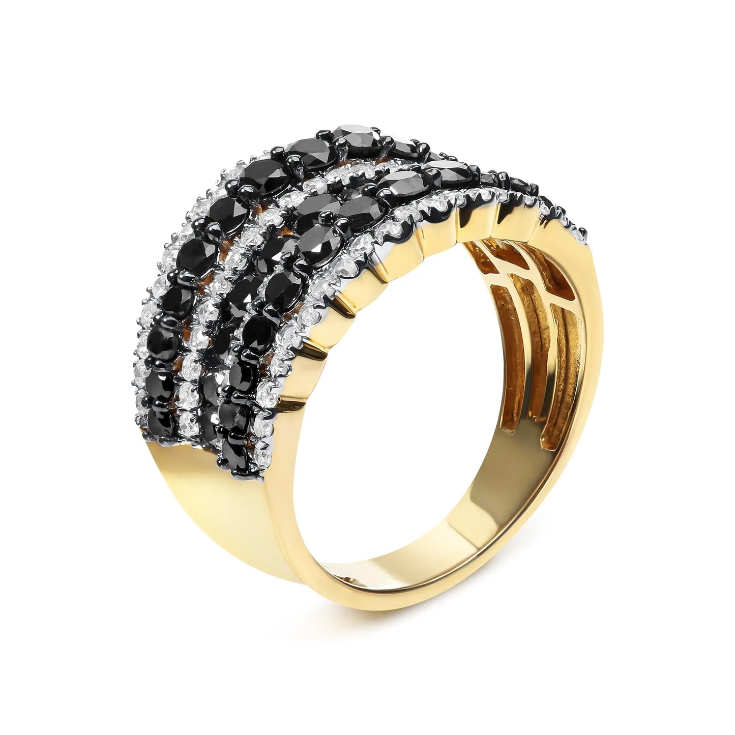 14K Yellow Gold Plated .925 Sterling Silver 1 3/4 Cttw Treated Black and White Alternating Diamond Multi Row Band Ring (Black)