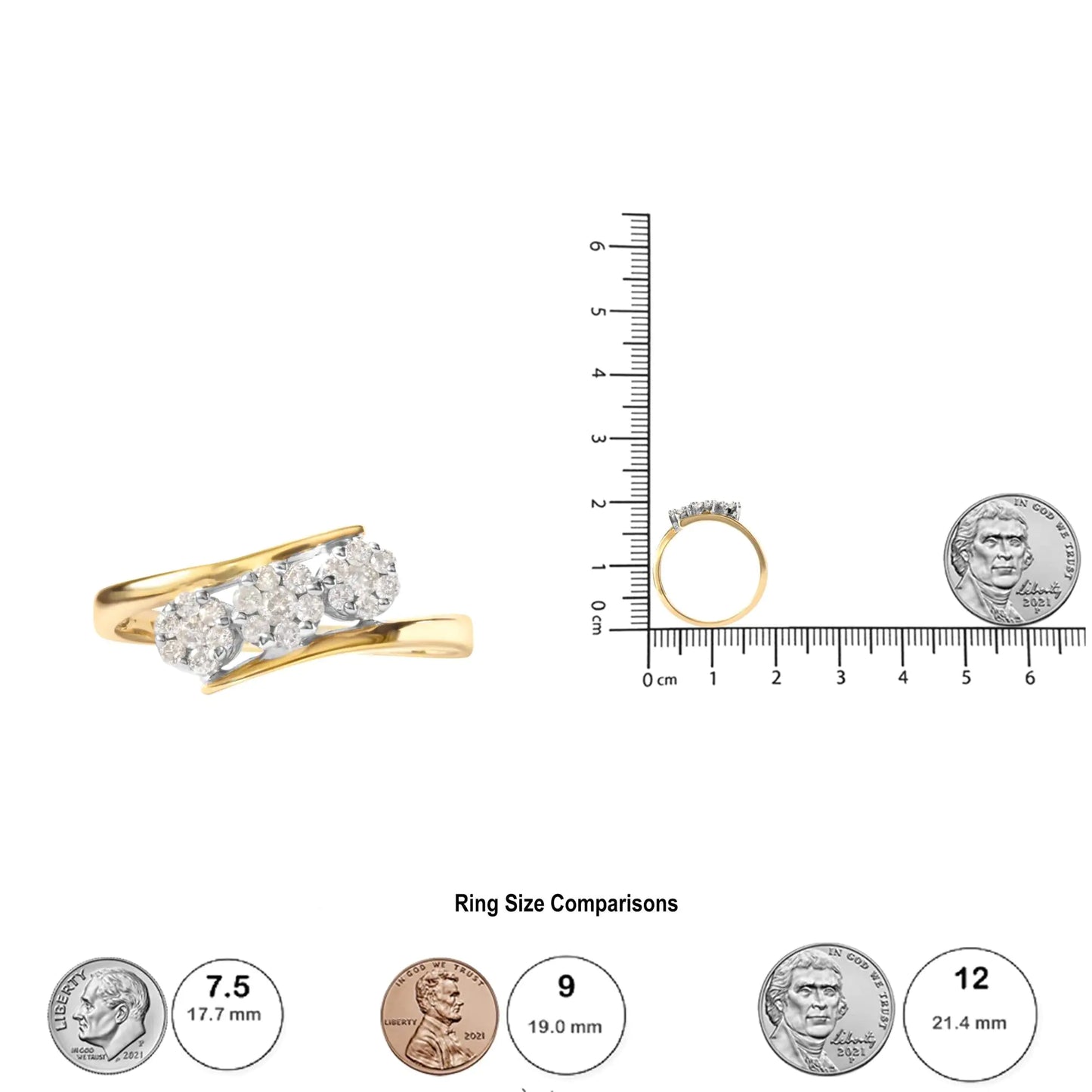 10K Yellow Gold 1/4 Cttw Diamond Cluster 3 Stone Style Bypass Ring