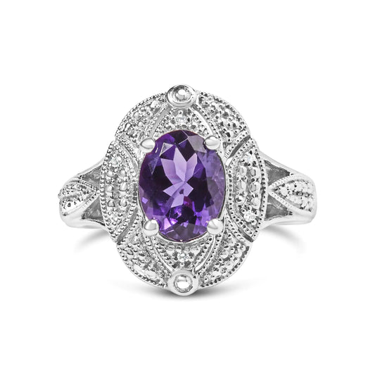 .925 Sterling Silver 9x7mm Oval Purple Amethyst and Round Diamond Accent Fashion Cocktail Ring