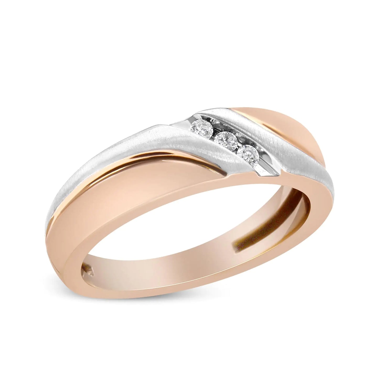 10K White and Rose Gold 1/10 Cttw 3-Stone Tension Slant Band Matte Finish Ring for Men