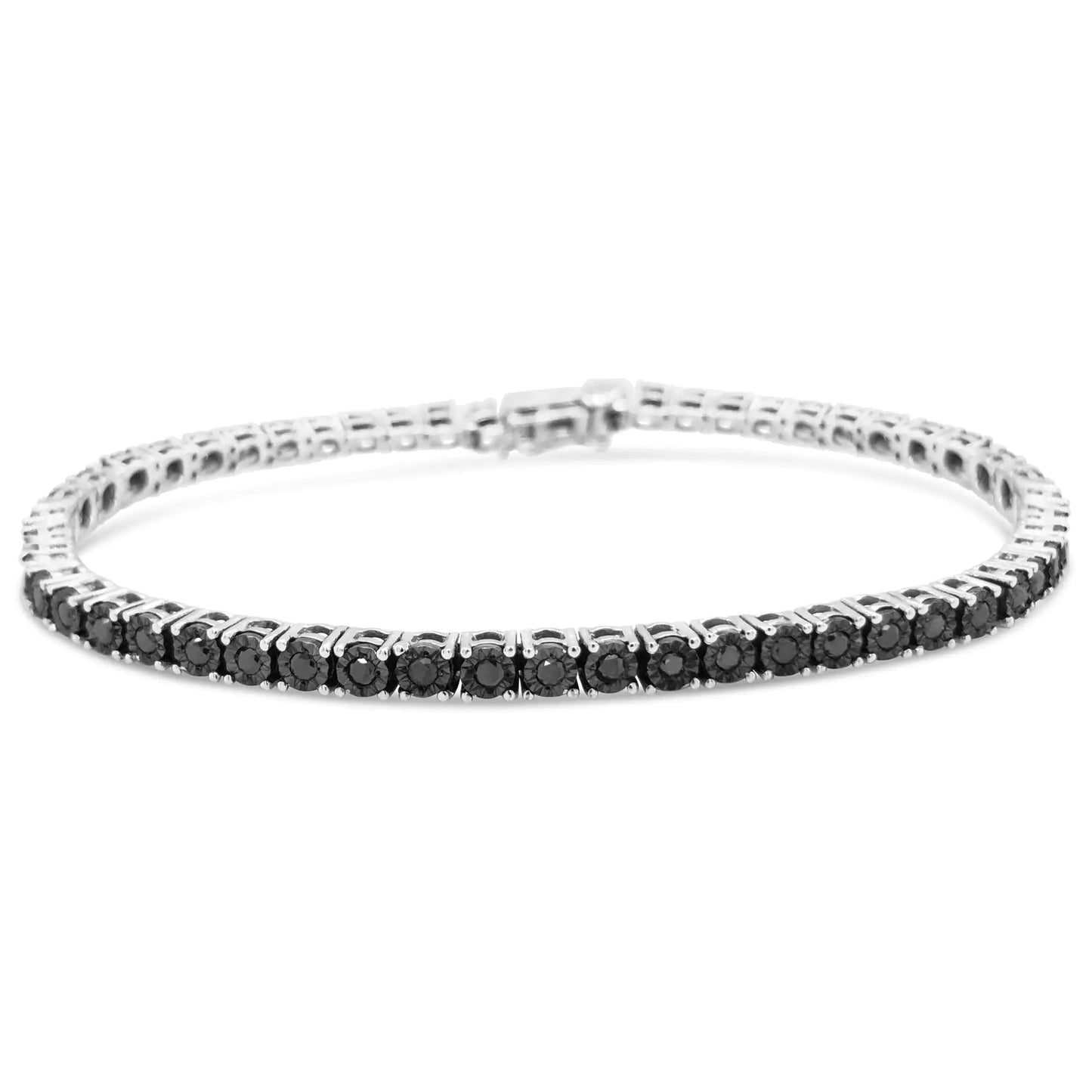 .925 Sterling Silver 1.0 Cttw Miracle-Set Treated Black Diamond Round Miracle Plate Tennis Bracelet (Black) - 7.25"