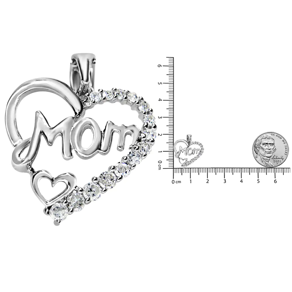 .925 Sterling Silver 1/4 Cttw Round Diamond "Mom" Heart Pendant 18" Necklace