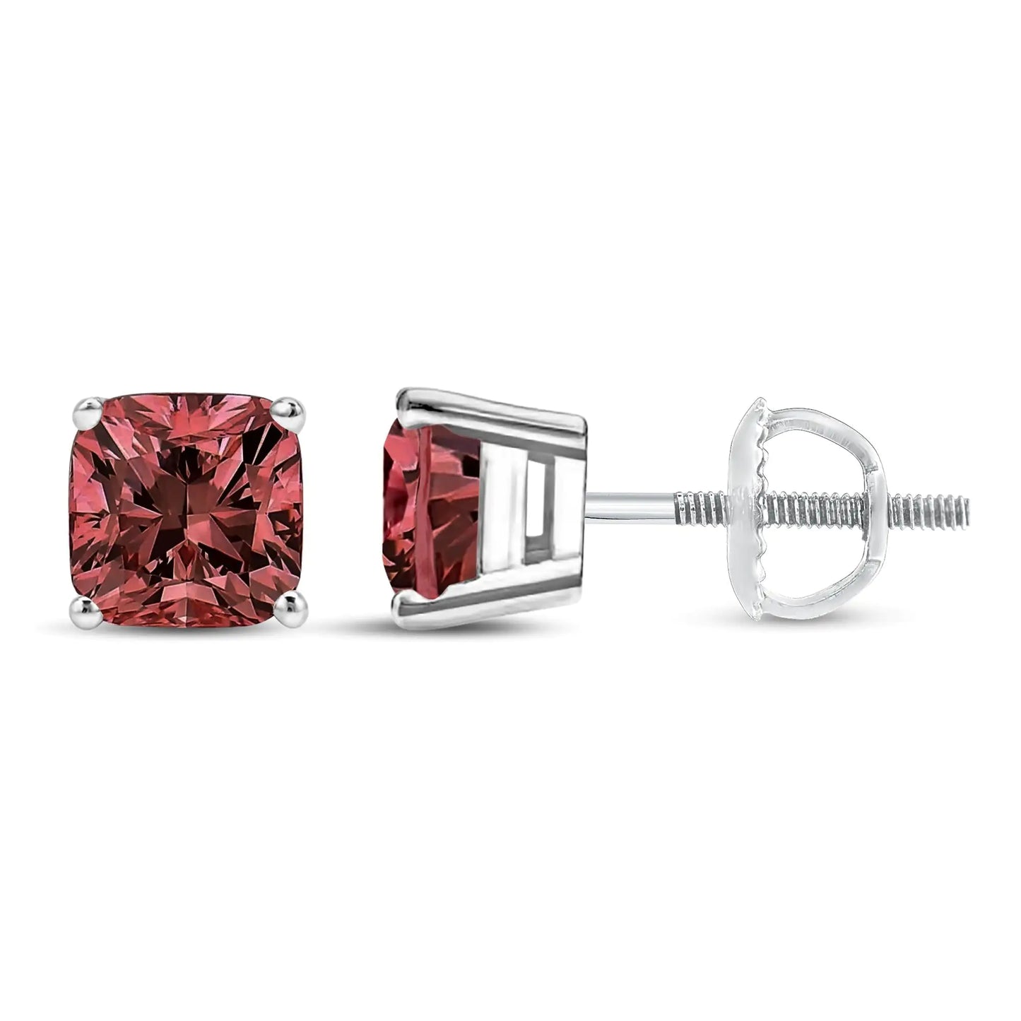 14K White Gold Lab Grown Pink Cushion 4-Prong Set Classic Diamond Solitaire Stud Earrings (Pink Color)