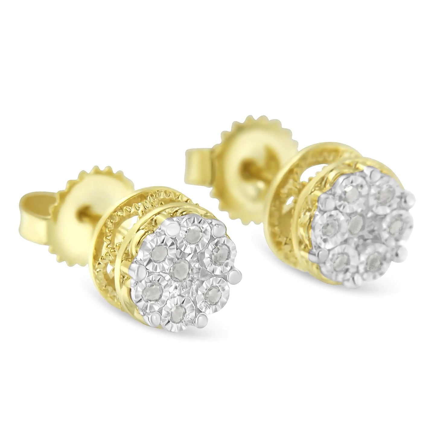 14K Yellow Gold Plated .925 Sterling Silver 1/7 Cttw Diamond Miracle Set Stud Earrings