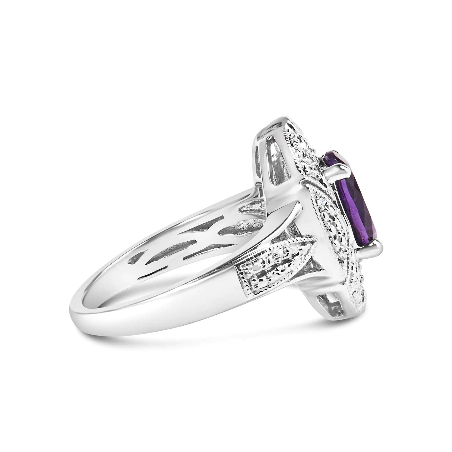 .925 Sterling Silver 9x7mm Oval Purple Amethyst and Round Diamond Accent Fashion Cocktail Ring