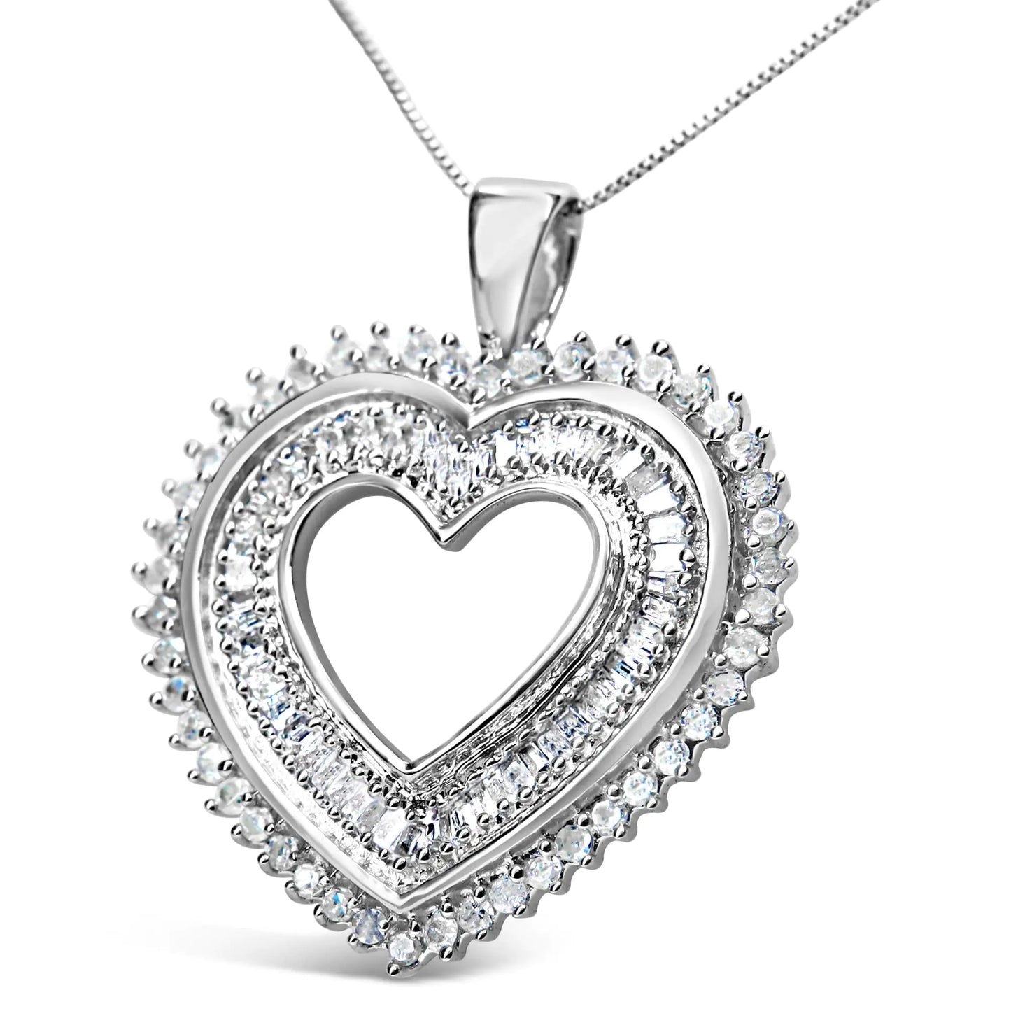 .925 Sterling Silver 1.0 Cttw Baguette and Round Diamond  Heart Pendant 18" Necklace