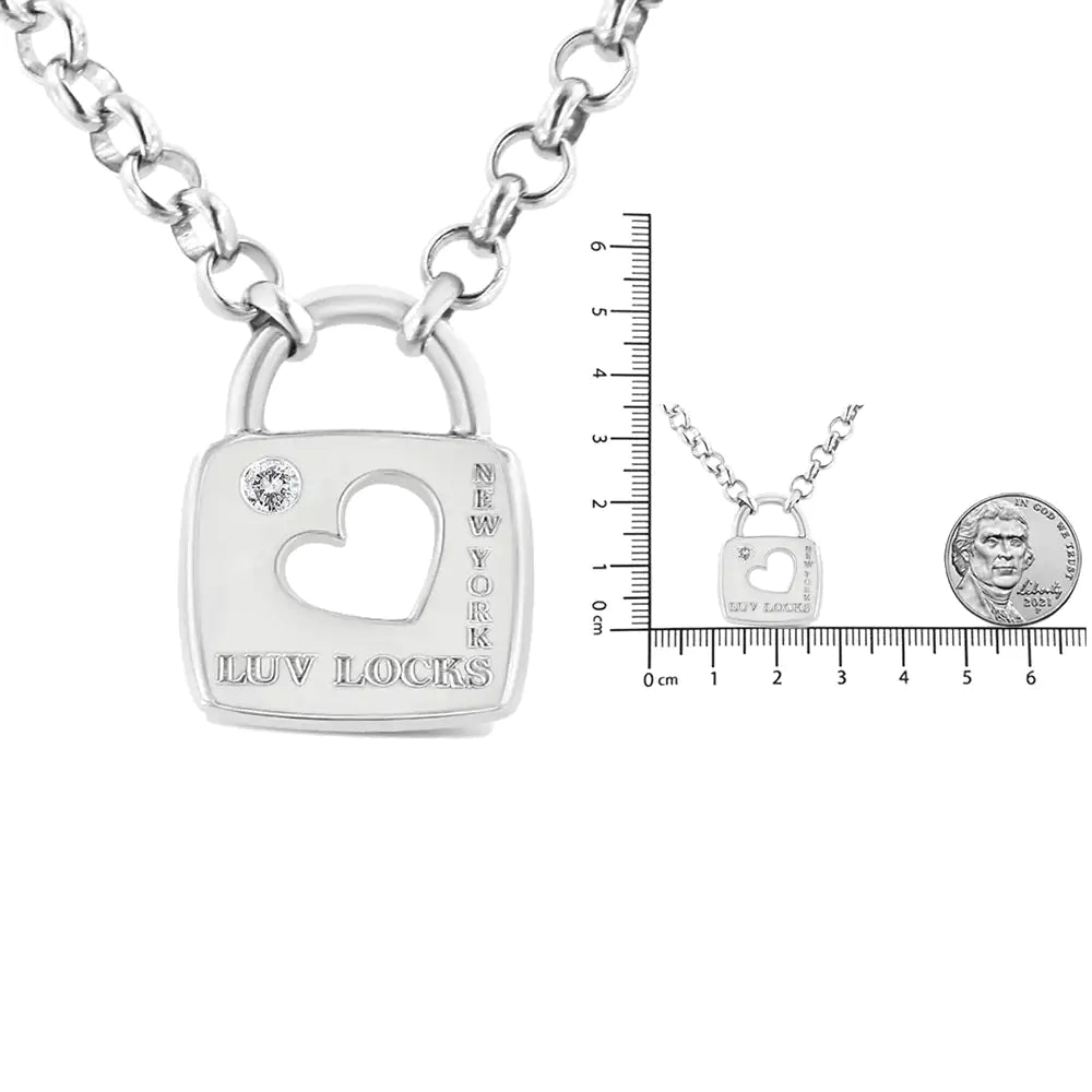 .925 Sterling Silver Diamond Accent Open Heart Love Lock Pendant 18" Necklace