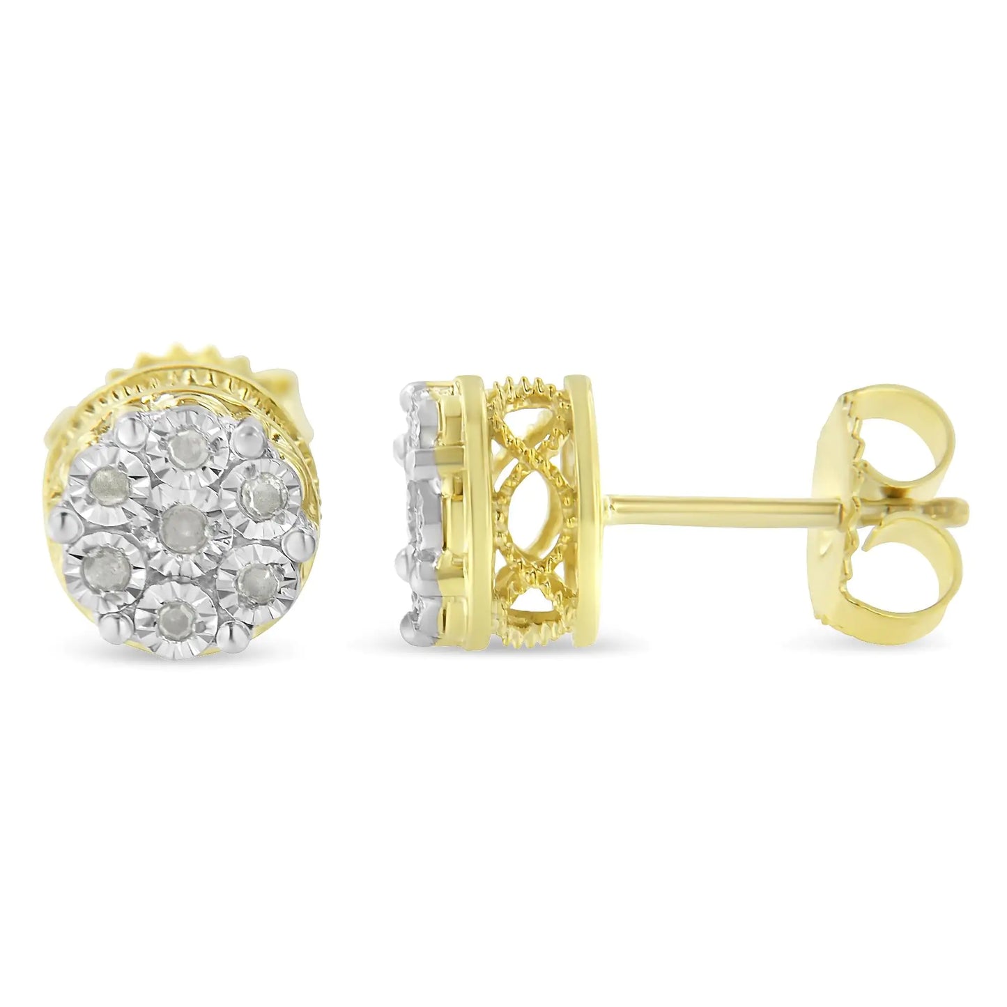 14K Yellow Gold Plated .925 Sterling Silver 1/7 Cttw Diamond Miracle Set Stud Earrings