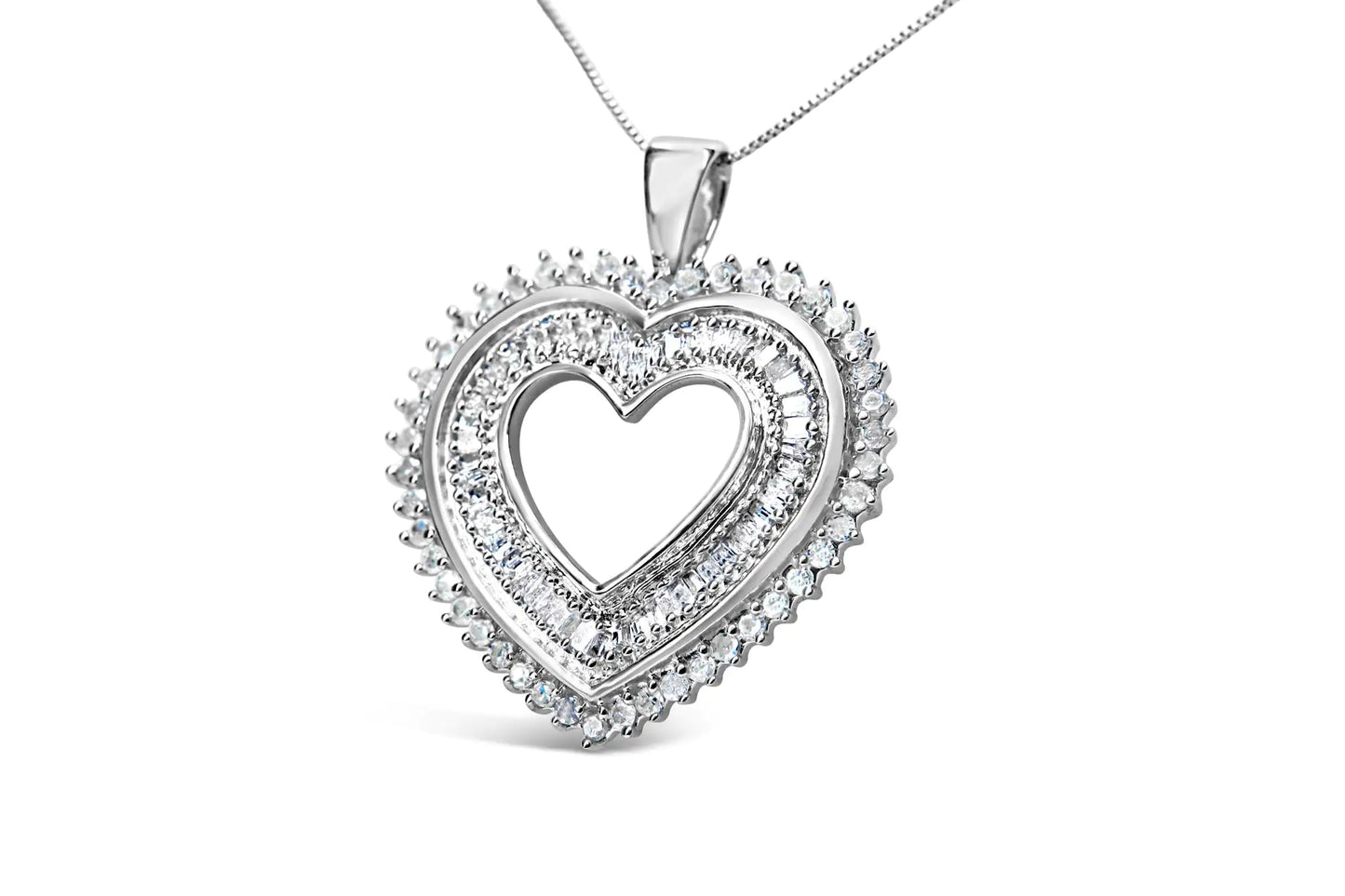 .925 Sterling Silver 1.0 Cttw Baguette and Round Diamond  Heart Pendant 18" Necklace