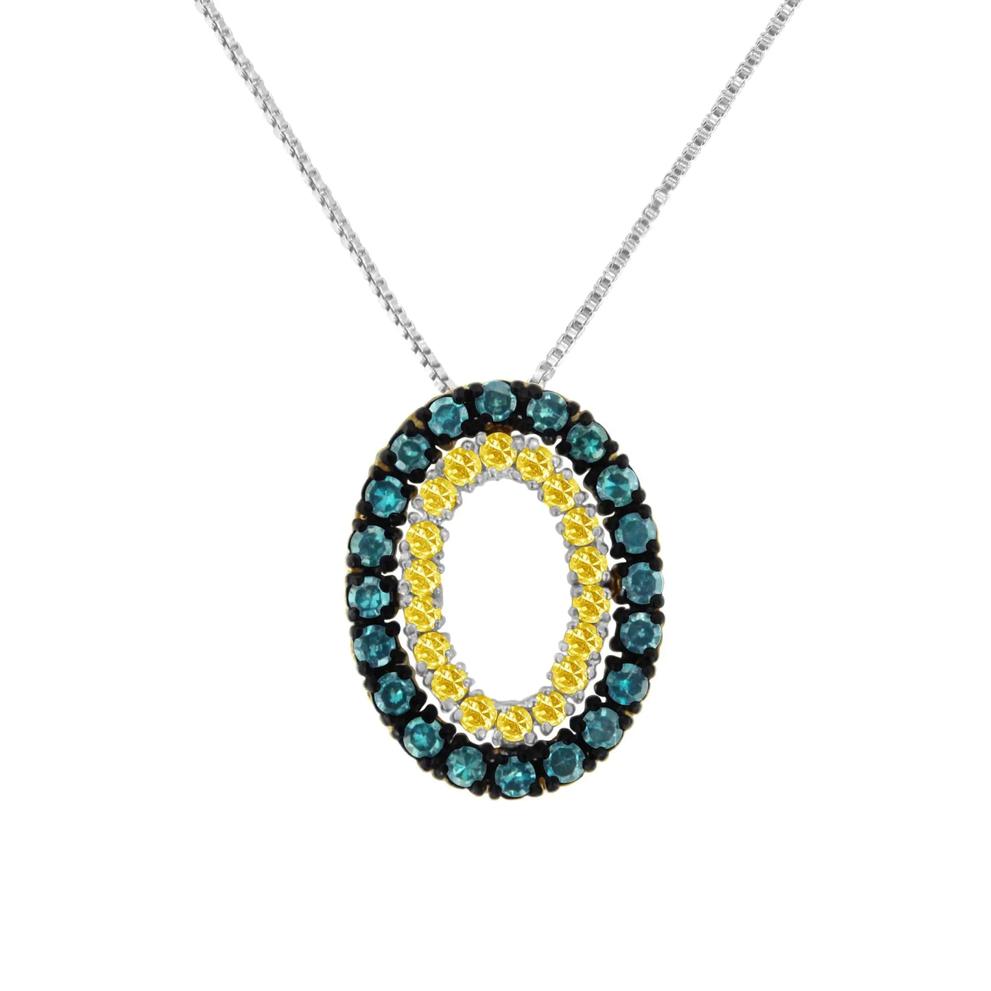 14K Yellow Gold Plated Sterling Silver 1/2 Cttw Color Treated Diamond Double Oval 18" Pendant Necklace (Blue Color)