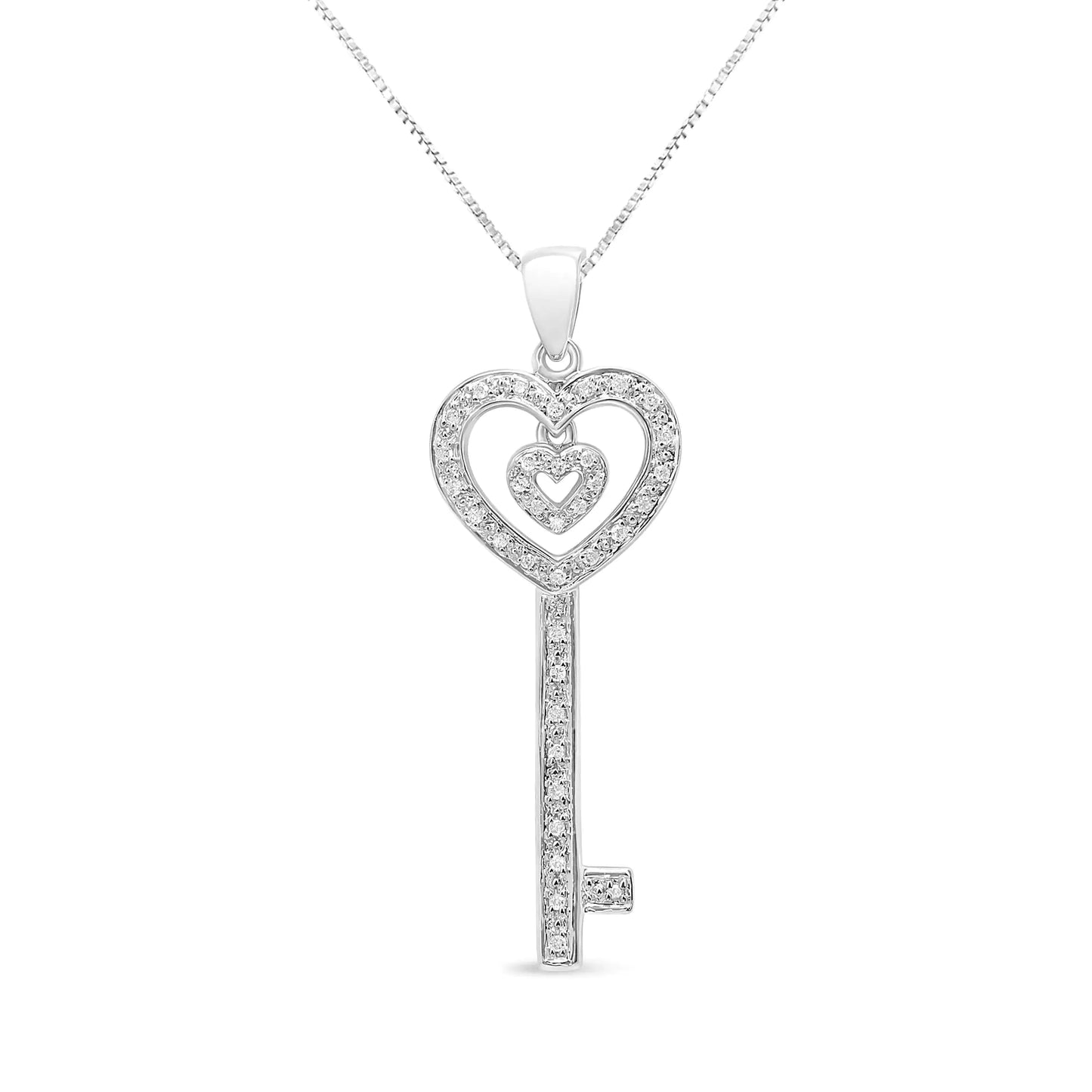 .925 Sterling Silver 1/5 Cttw Round-Cut Diamond Double Heart & Key 18" Pendant Necklace