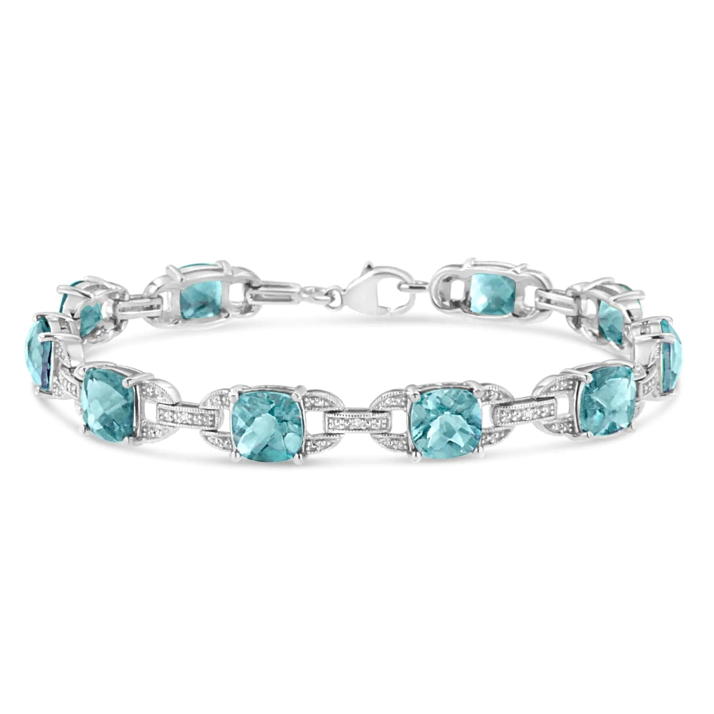 .925 Sterling Silver 7x7 mm Cushion Cut Blue Topaz and 1/20 cttw Round Cut Diamond Fashion Tennis Bracelet - 7"