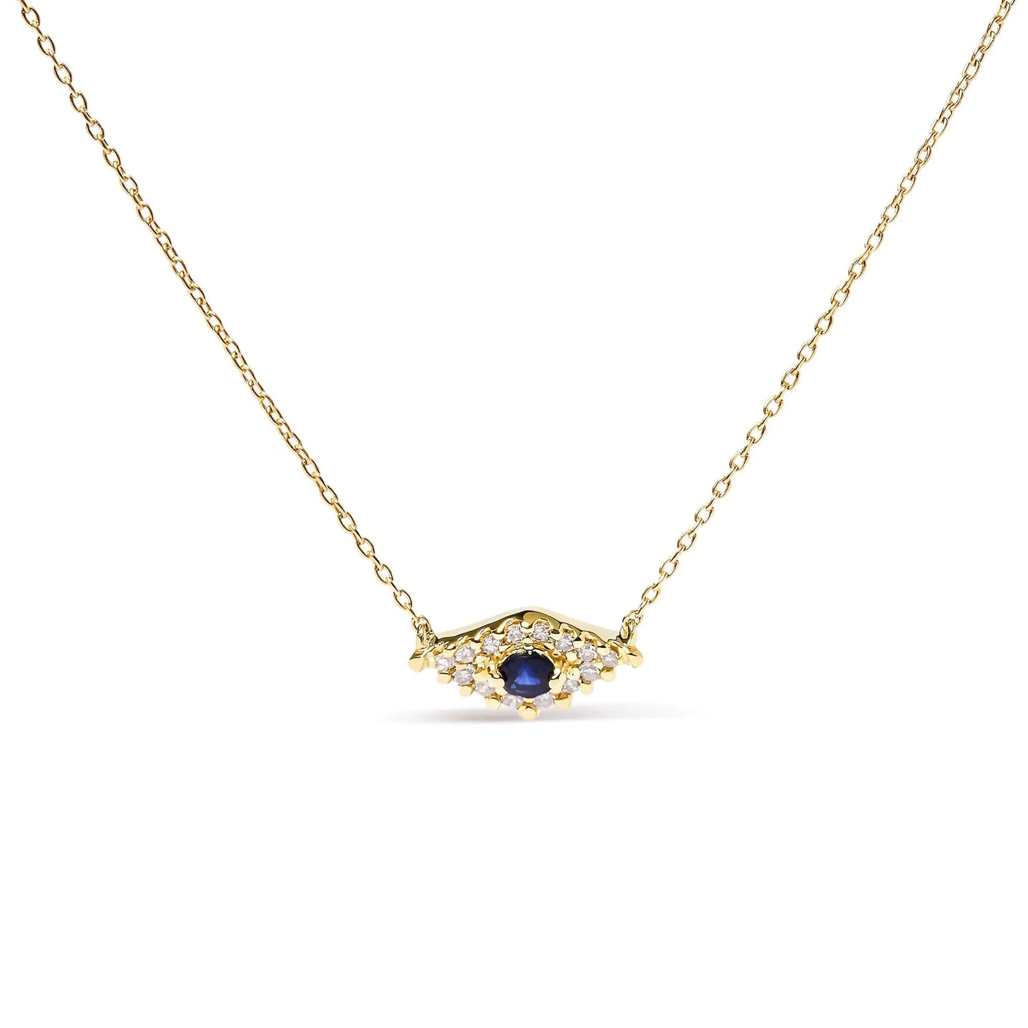 10K Yellow Gold Blue Sapphire and Diamond Accented Evil Eye 18" Inch Pendant Necklace