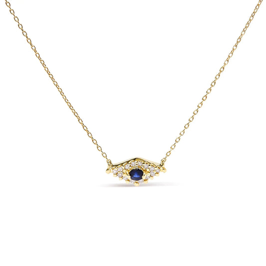 10K Yellow Gold Blue Sapphire and Diamond Accented Evil Eye 18" Inch Pendant Necklace