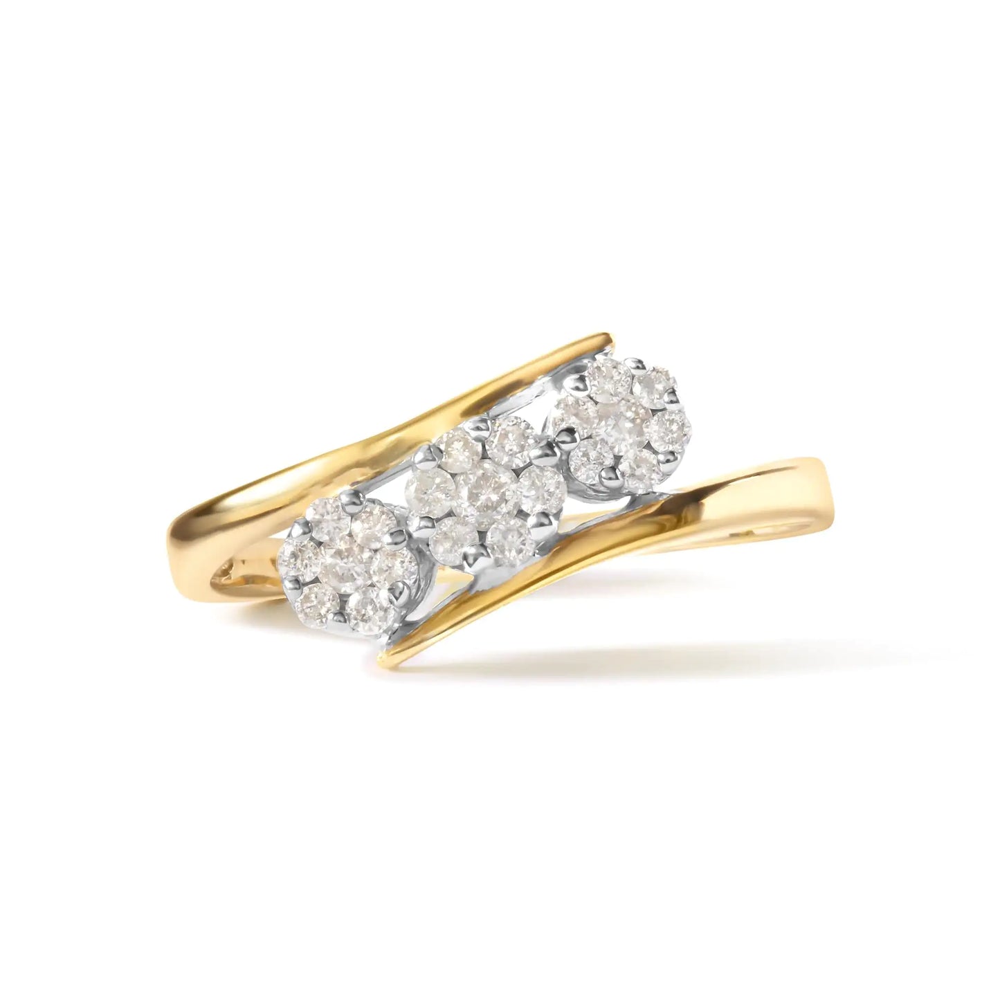 10K Yellow Gold 1/4 Cttw Diamond Cluster 3 Stone Style Bypass Ring