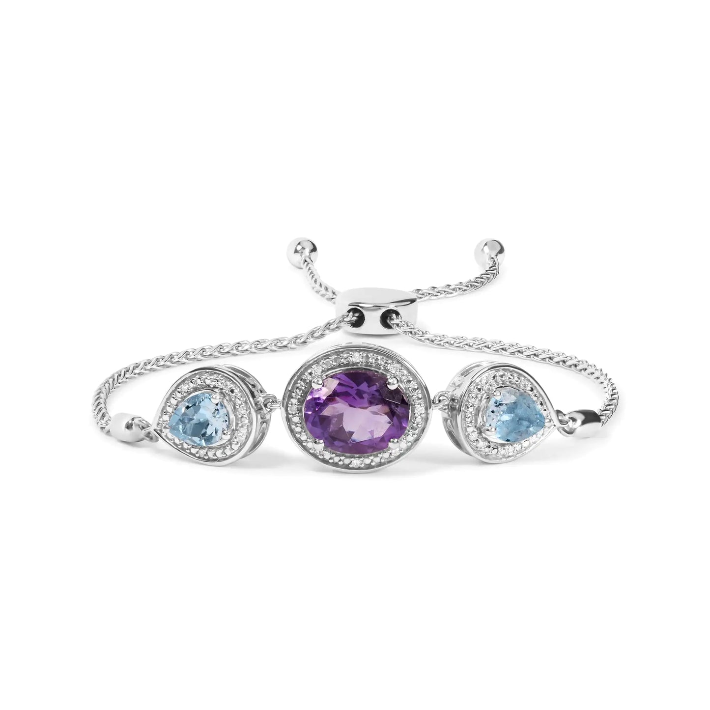 .925 Sterling Silver Oval Amethyst and Pear Blue Topaz with Diamond Accent Lariat 4”-10” Adjustable Bolo Bracelet