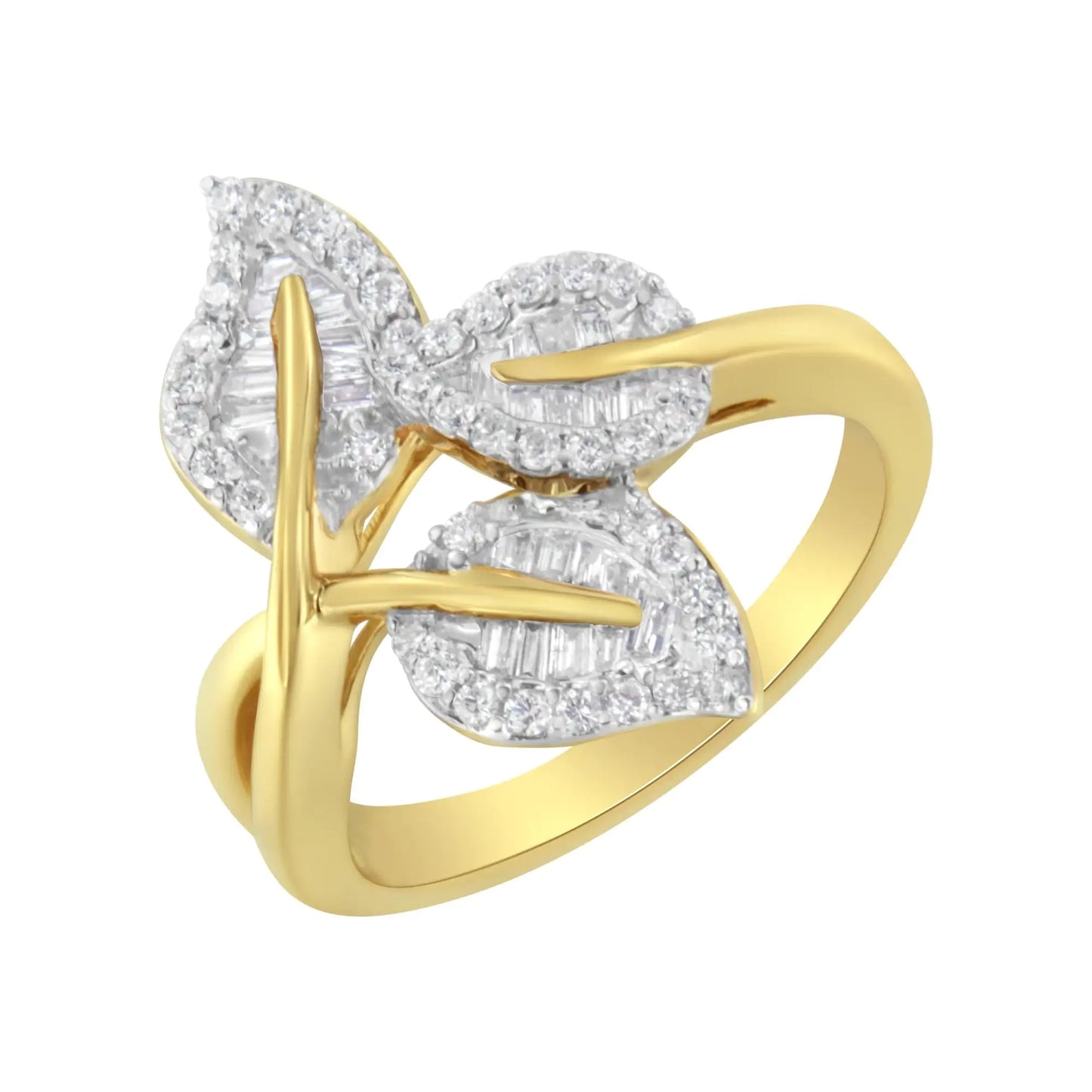 18K Yellow and White Gold Plated .925 Sterling Silver 3/8 Cttw Baguette and Round Diamond Bypass Triple Leaf Ring