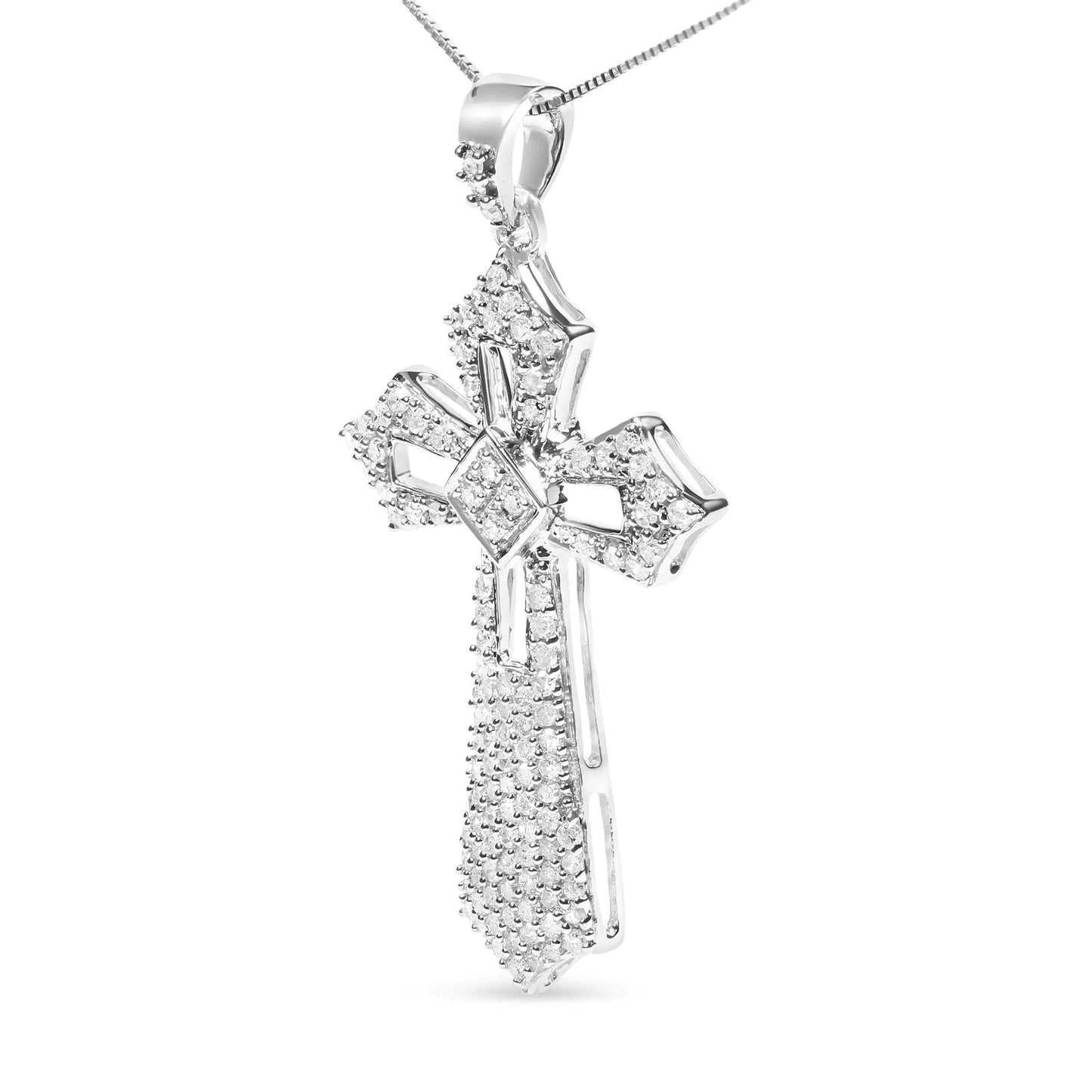 .925 Sterling Silver 1.00 Cttw Diamond Fleur De Lis Cross 18" Pendant Necklace