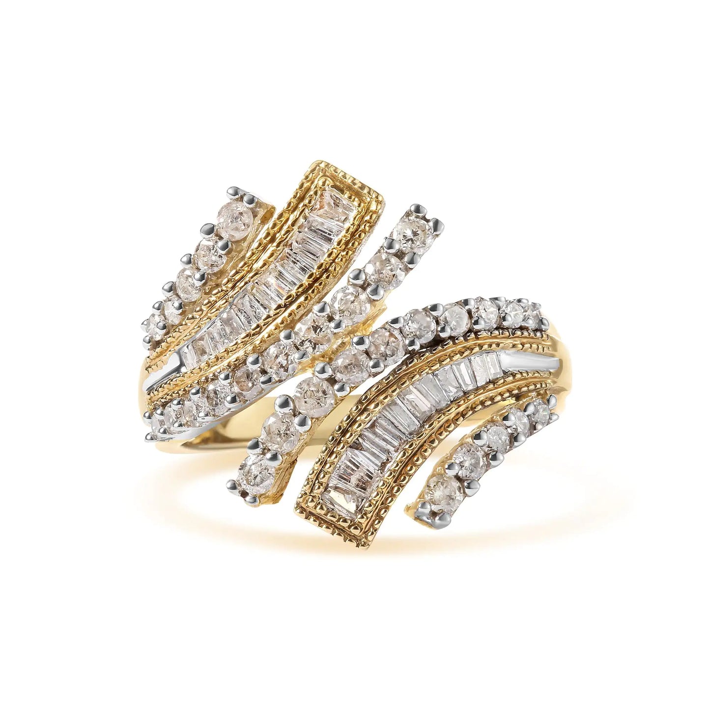 10K Yellow Gold 1.0 Cttw Round and Baguette Diamond Woven Bypass Ring