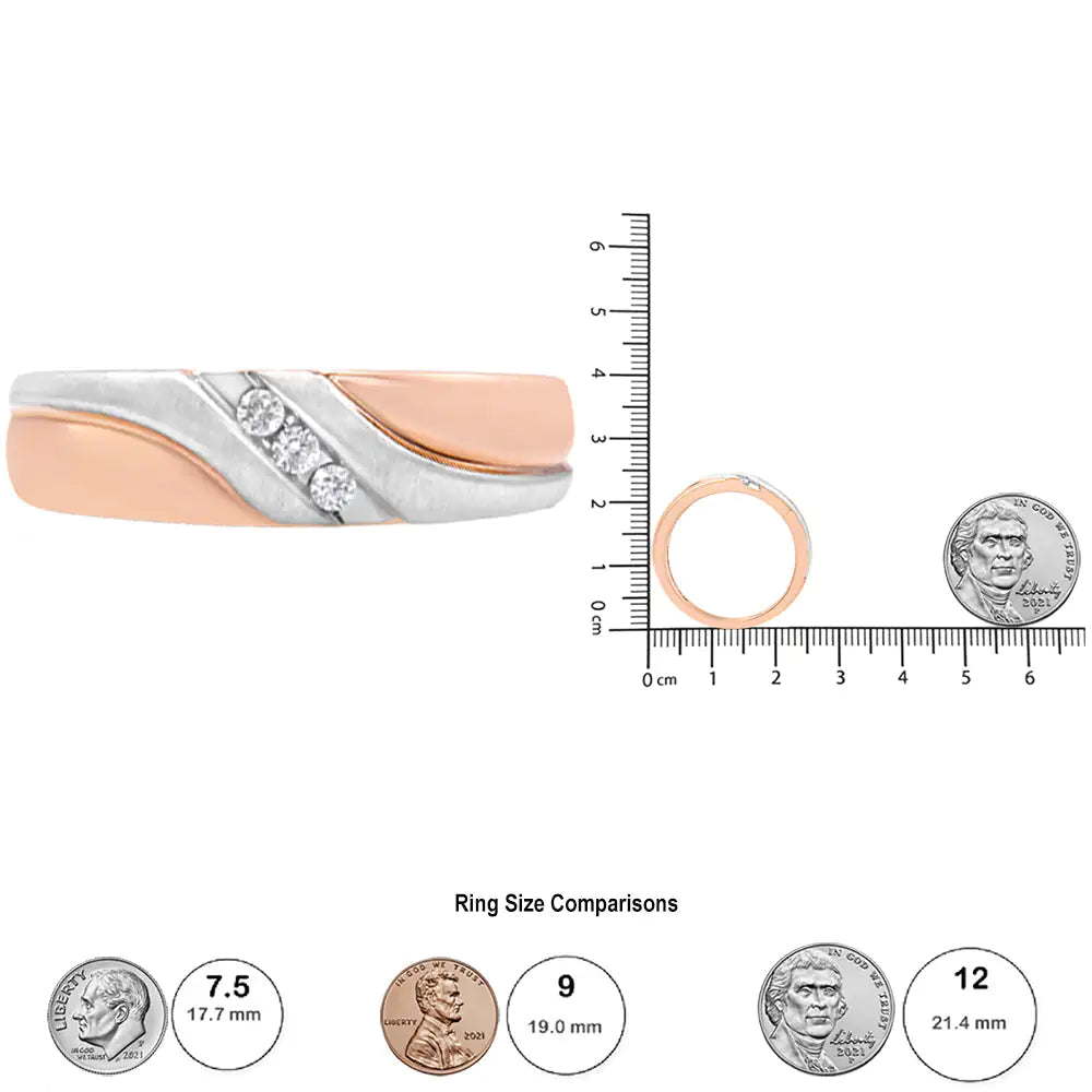 10K White and Rose Gold 1/10 Cttw 3-Stone Tension Slant Band Matte Finish Ring for Men