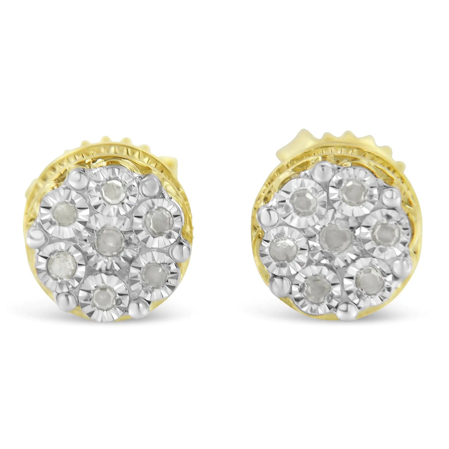 14K Yellow Gold Plated .925 Sterling Silver 1/7 Cttw Diamond Miracle Set Stud Earrings