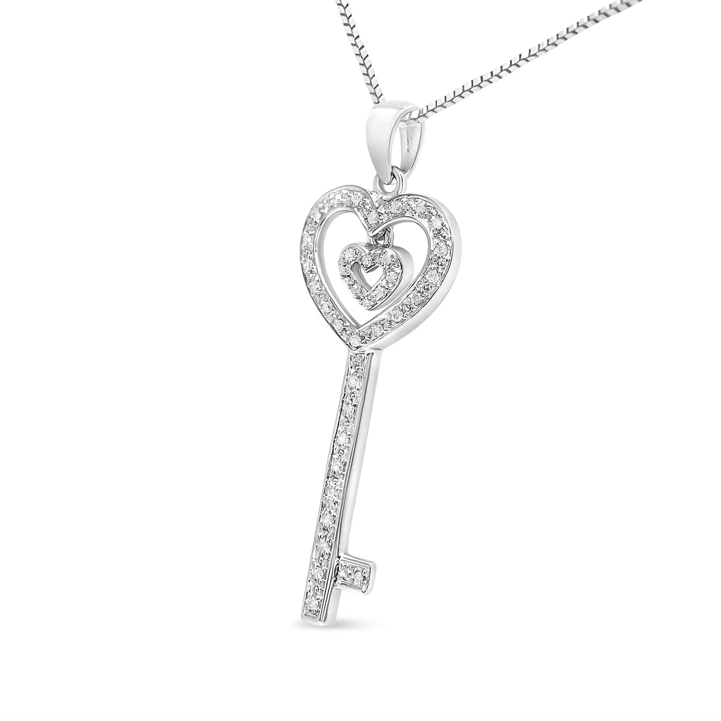 .925 Sterling Silver 1/5 Cttw Round-Cut Diamond Double Heart & Key 18" Pendant Necklace