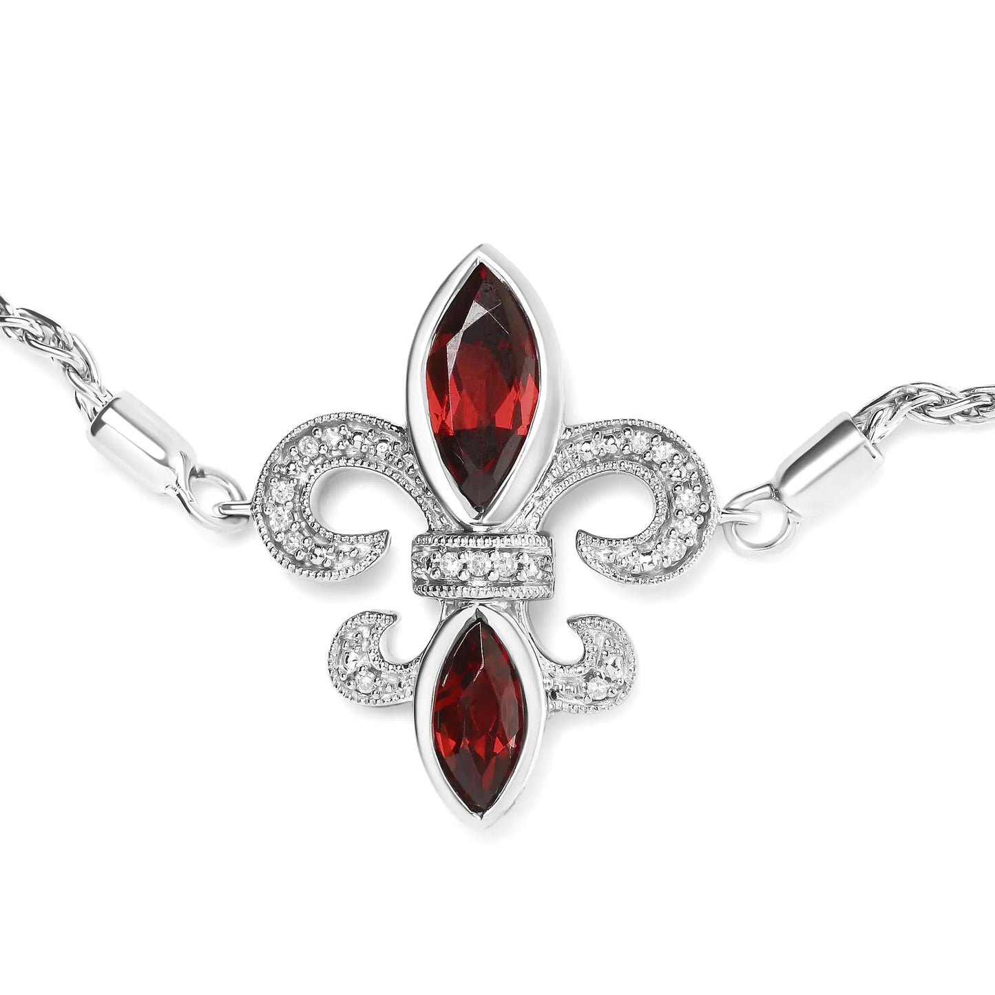 .925 Sterling Silver Marquise Garnet  and Diamond Accent Lariat 4”-10” Fleur De Lis Adjustable Bolo Bracelet