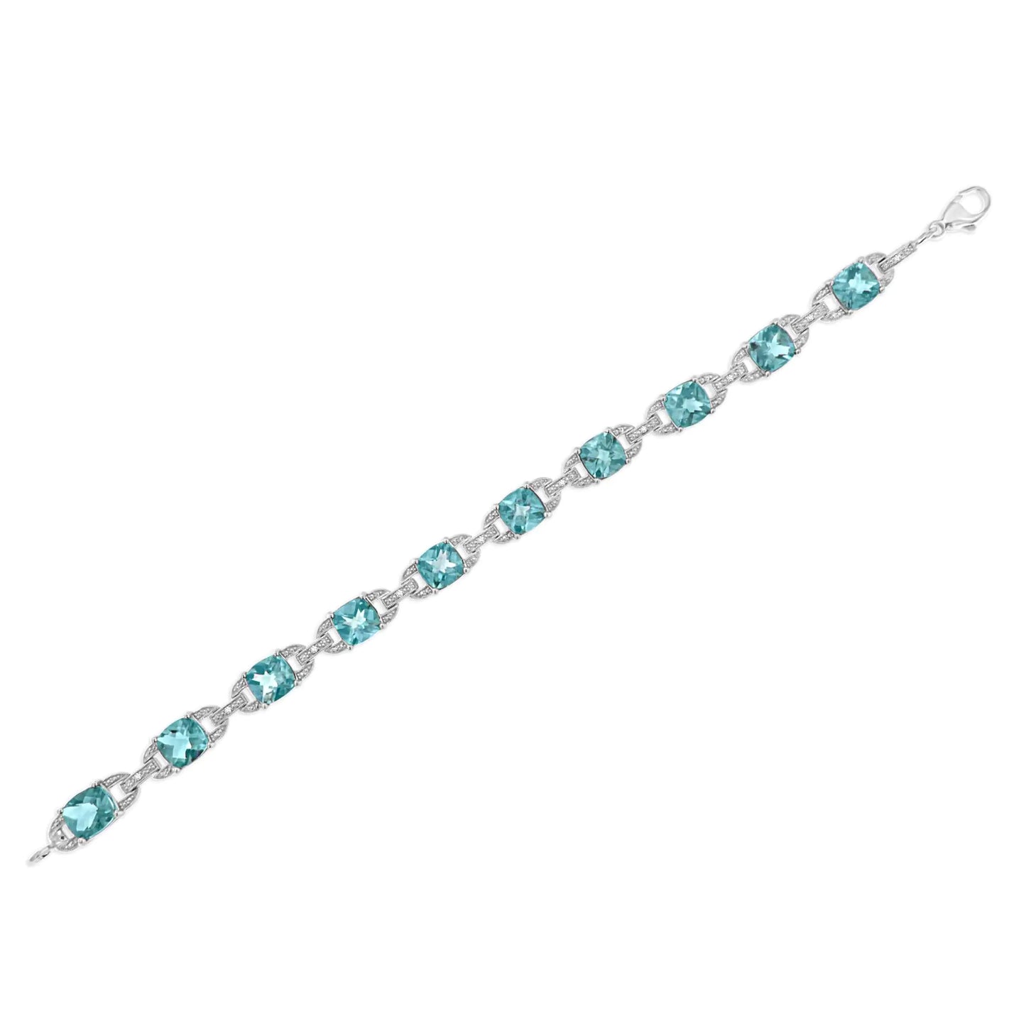 .925 Sterling Silver 7x7 mm Cushion Cut Blue Topaz and 1/20 cttw Round Cut Diamond Fashion Tennis Bracelet - 7"