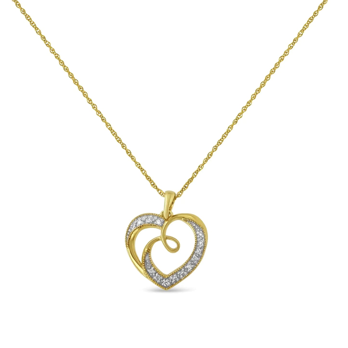 14K Yellow Gold Plated .925 Sterling Silver Diamond Accent Ribbon & Heart 18" Pendant Necklace