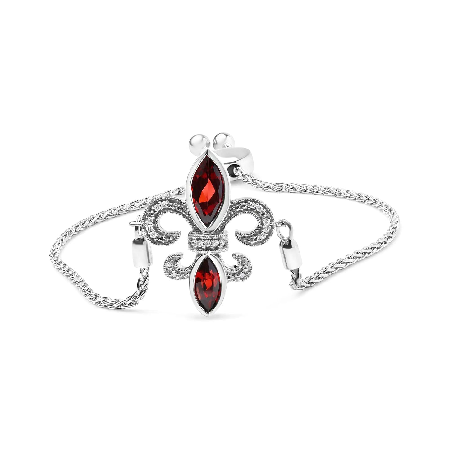 .925 Sterling Silver Marquise Garnet  and Diamond Accent Lariat 4”-10” Fleur De Lis Adjustable Bolo Bracelet