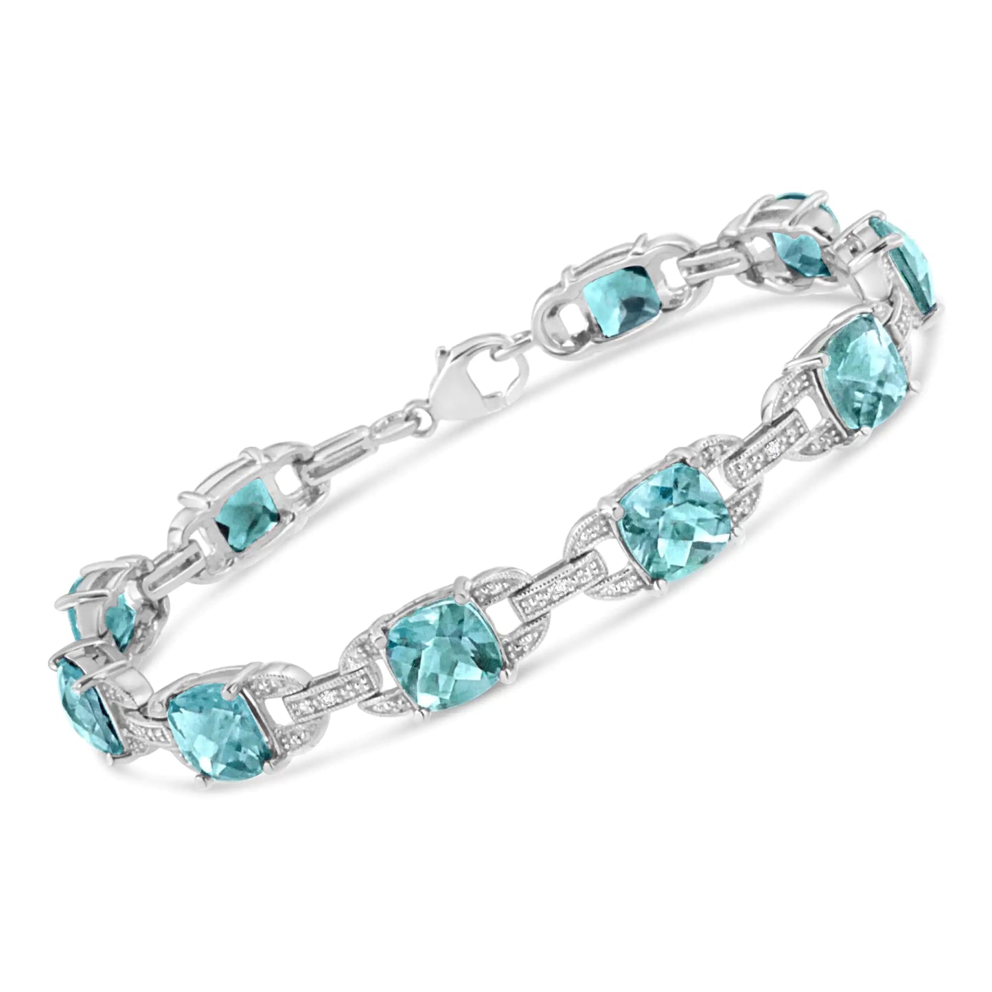 .925 Sterling Silver 7x7 mm Cushion Cut Blue Topaz and 1/20 cttw Round Cut Diamond Fashion Tennis Bracelet - 7"