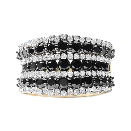 14K Yellow Gold Plated .925 Sterling Silver 1 3/4 Cttw Treated Black and White Alternating Diamond Multi Row Band Ring (Black)