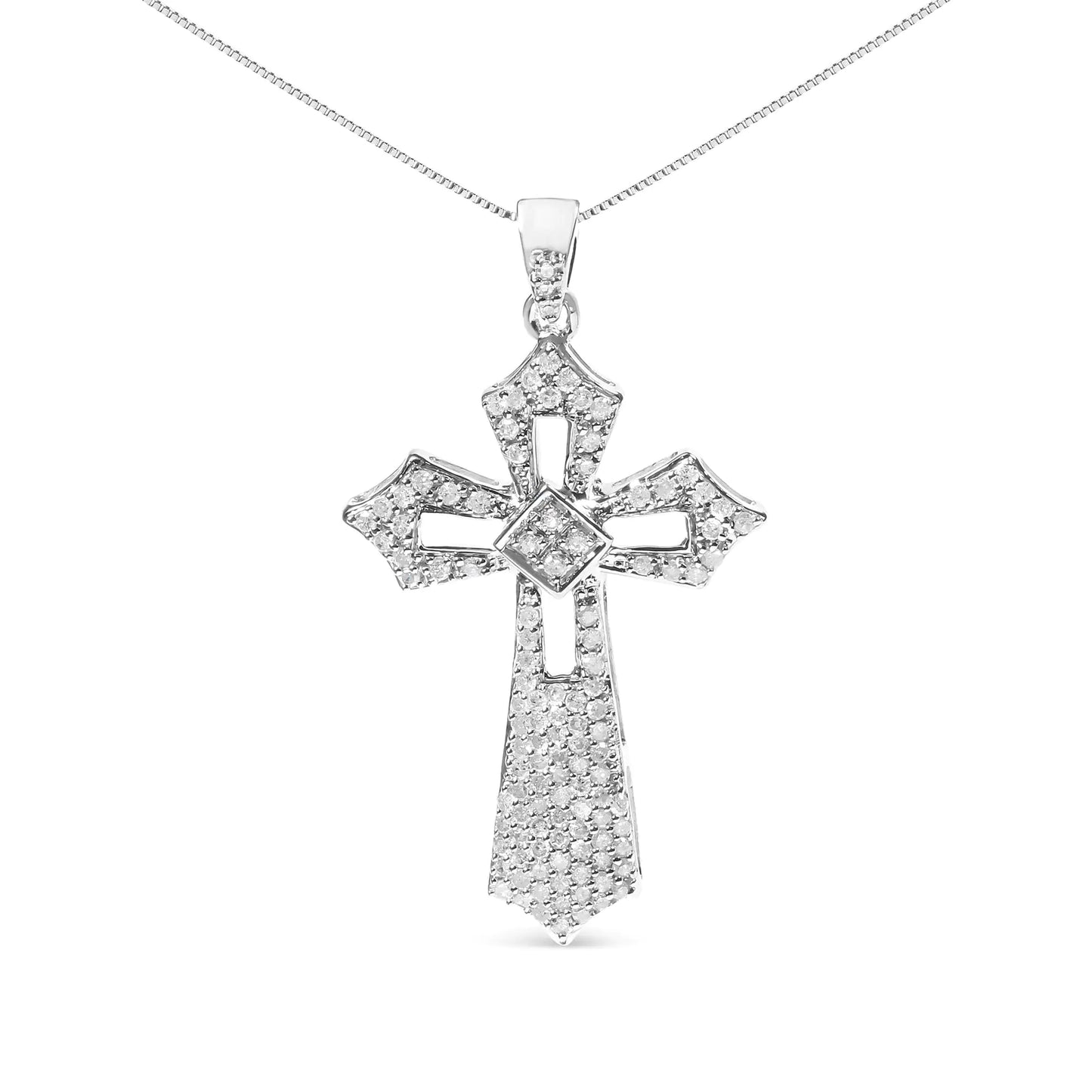 .925 Sterling Silver 1.00 Cttw Diamond Fleur De Lis Cross 18" Pendant Necklace