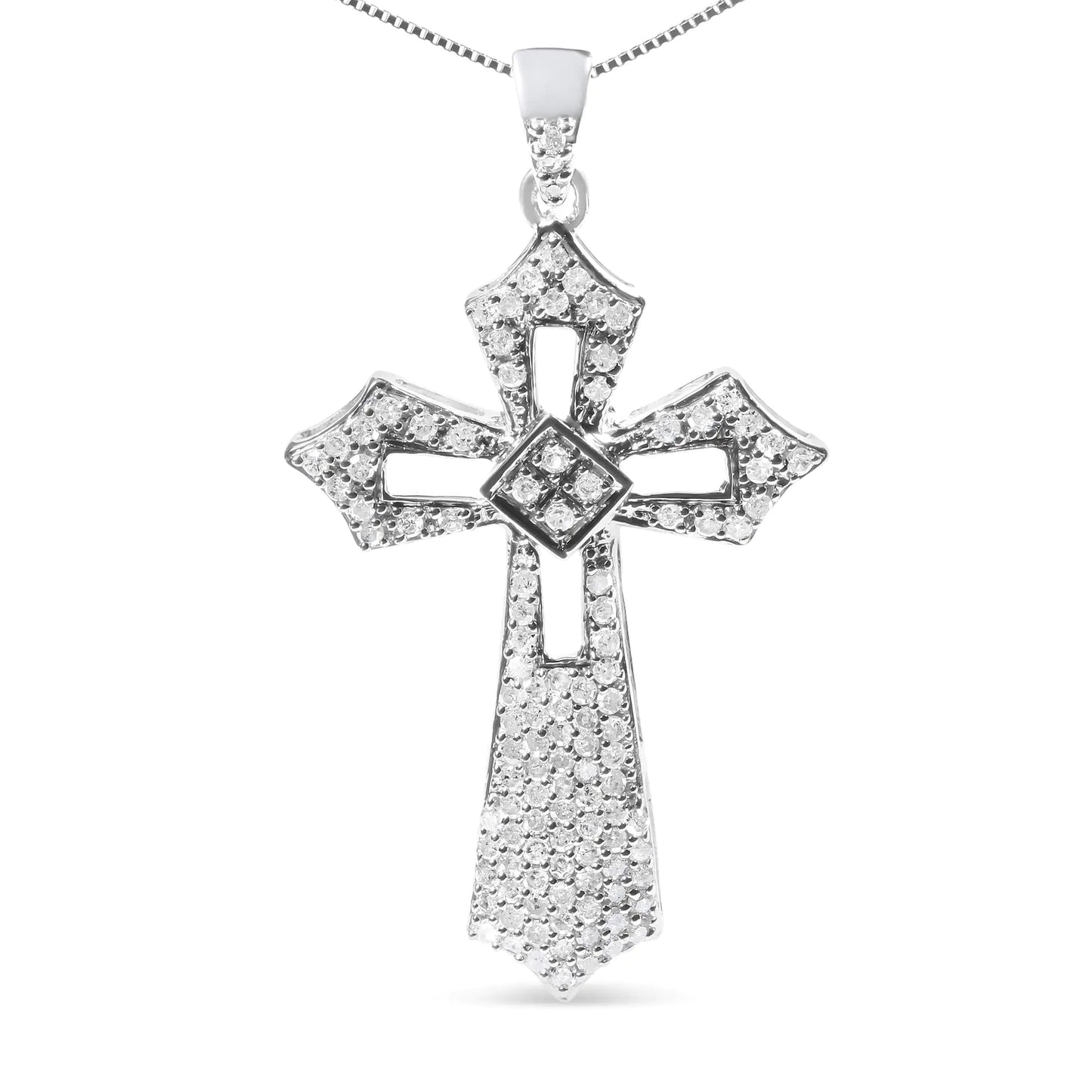 .925 Sterling Silver 1.00 Cttw Diamond Fleur De Lis Cross 18" Pendant Necklace