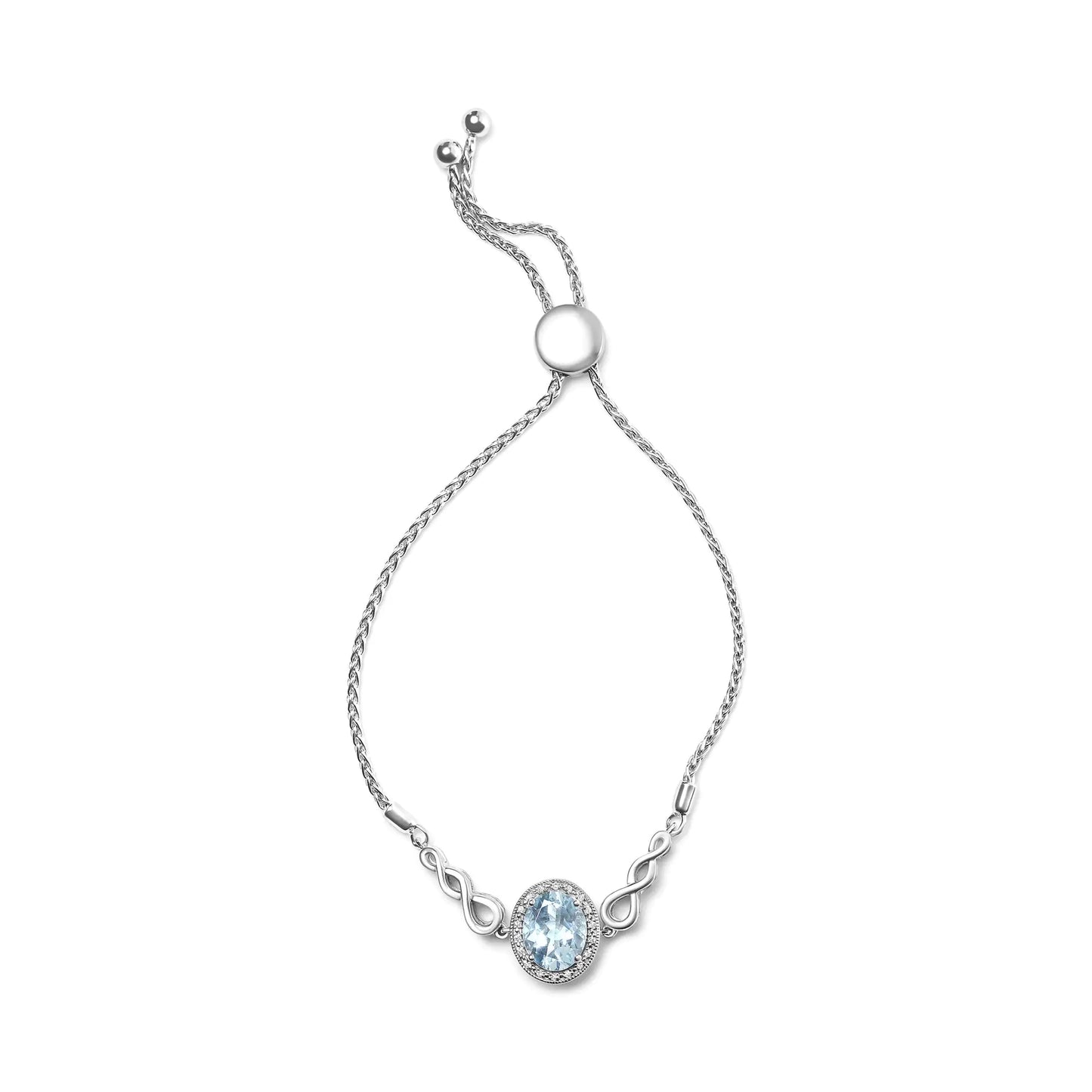 .925 Sterling Silver 10x8mm Oval Blue Topaz and Diamond Accent Lariat 4”-10” Adjustable Bolo Bracelet