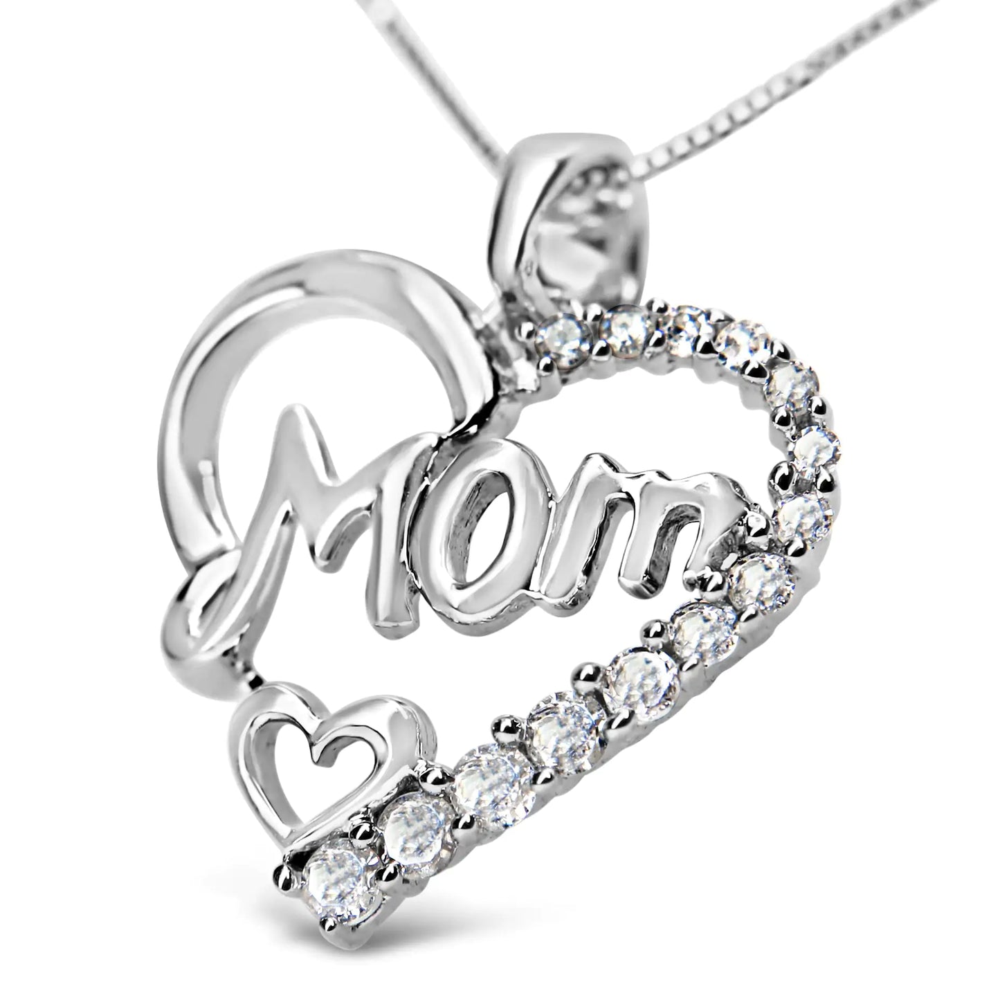 .925 Sterling Silver 1/4 Cttw Round Diamond "Mom" Heart Pendant 18" Necklace