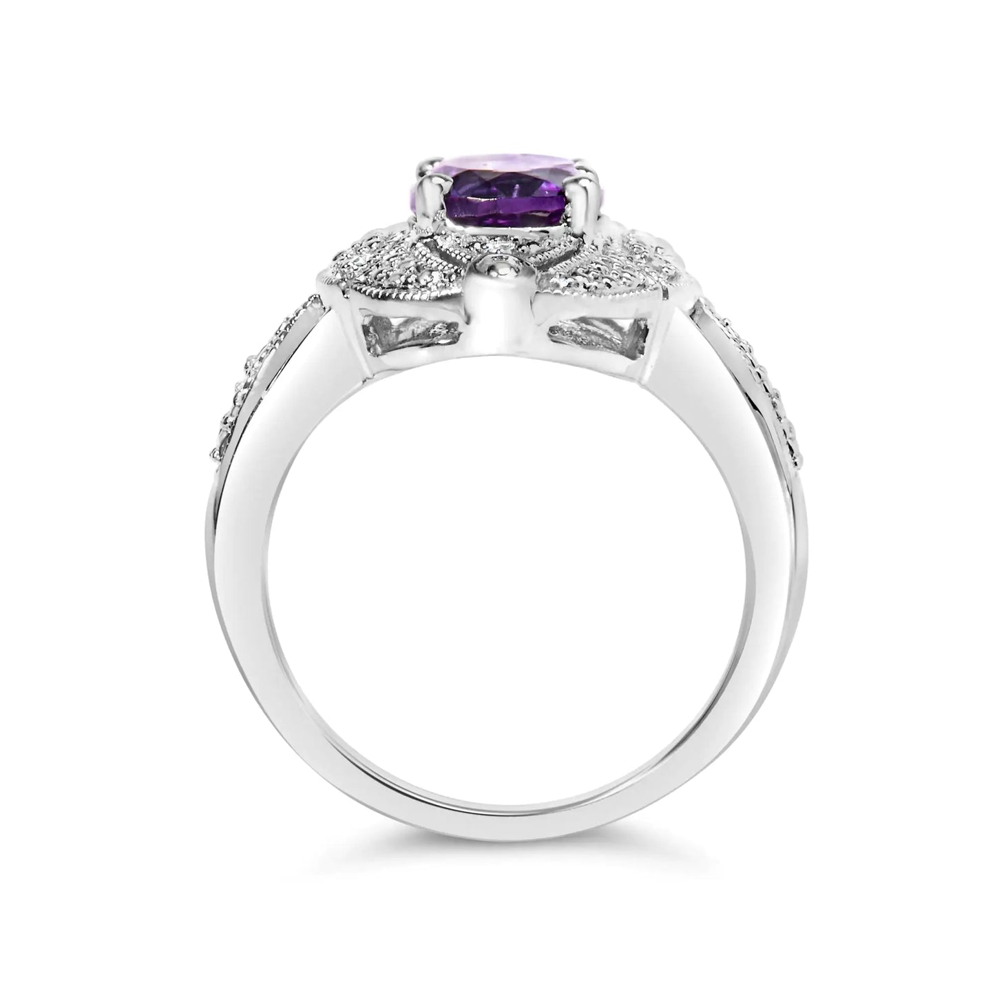 .925 Sterling Silver 9x7mm Oval Purple Amethyst and Round Diamond Accent Fashion Cocktail Ring