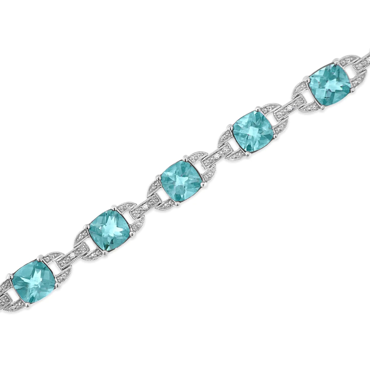 .925 Sterling Silver 7x7 mm Cushion Cut Blue Topaz and 1/20 cttw Round Cut Diamond Fashion Tennis Bracelet - 7"