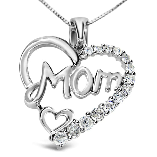 .925 Sterling Silver 1/4 Cttw Round Diamond "Mom" Heart Pendant 18" Necklace