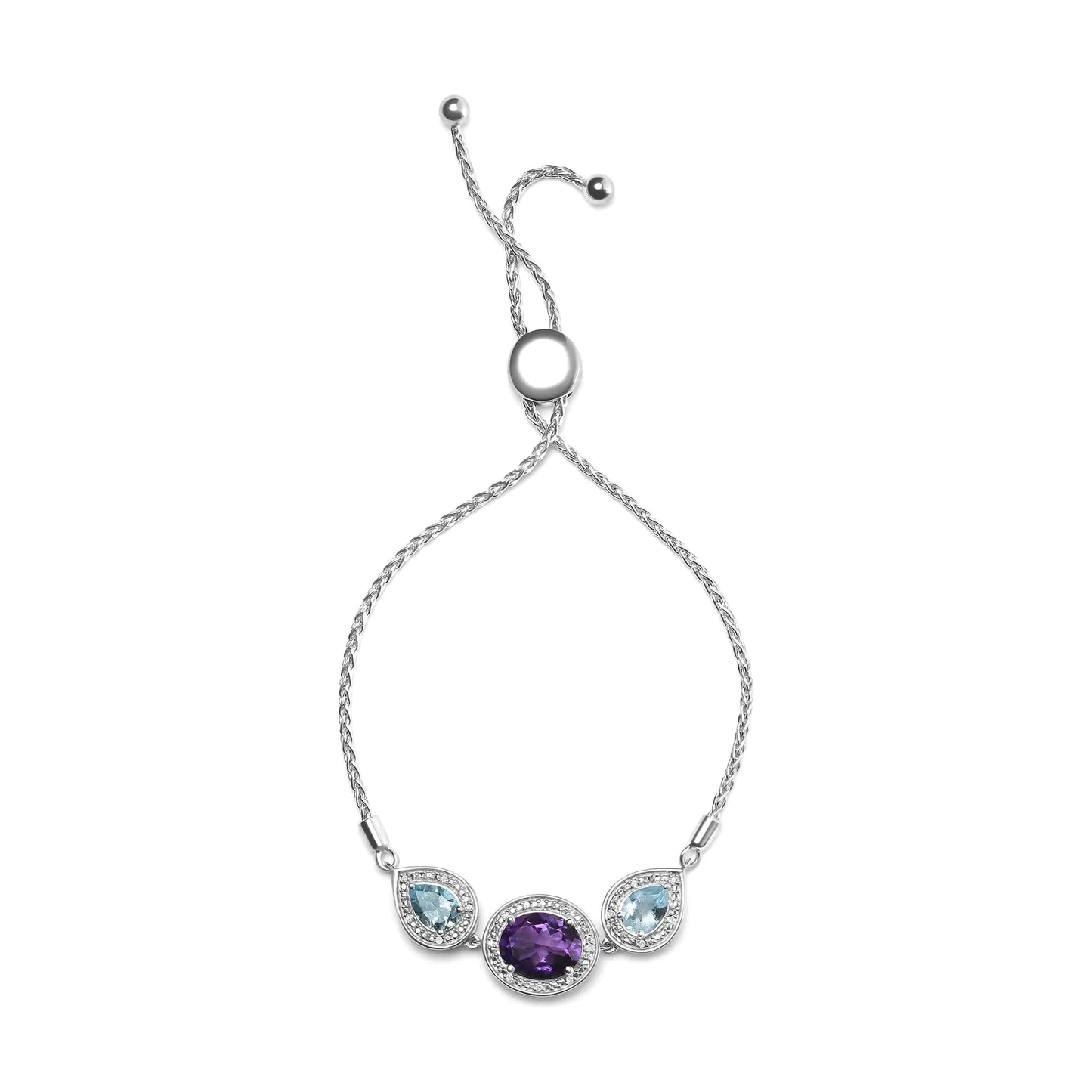 .925 Sterling Silver Oval Amethyst and Pear Blue Topaz with Diamond Accent Lariat 4”-10” Adjustable Bolo Bracelet